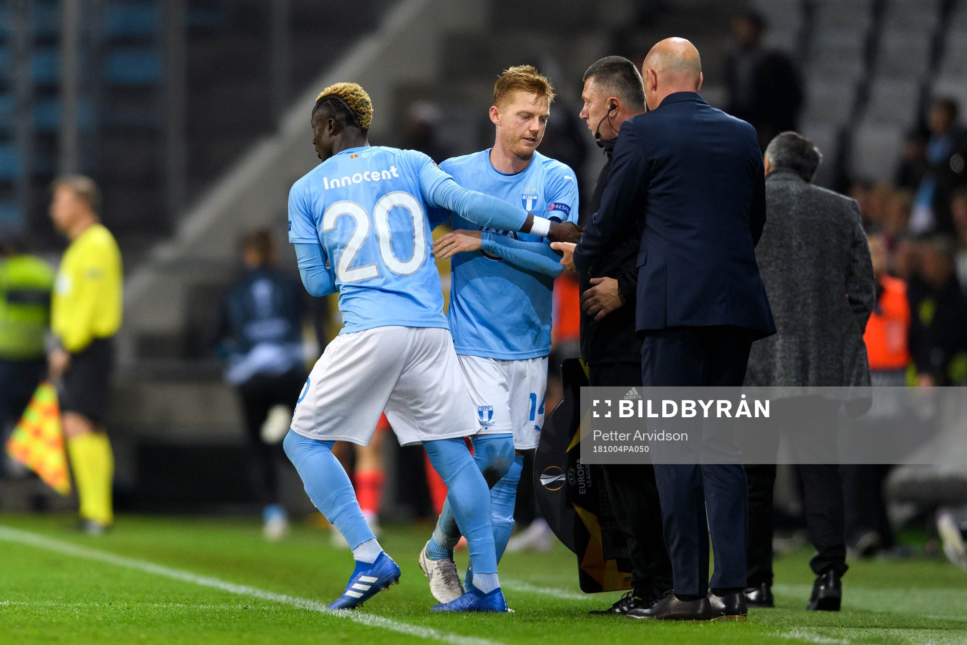 Anders Christiansen leaves the pitch and Bonke Innocent of