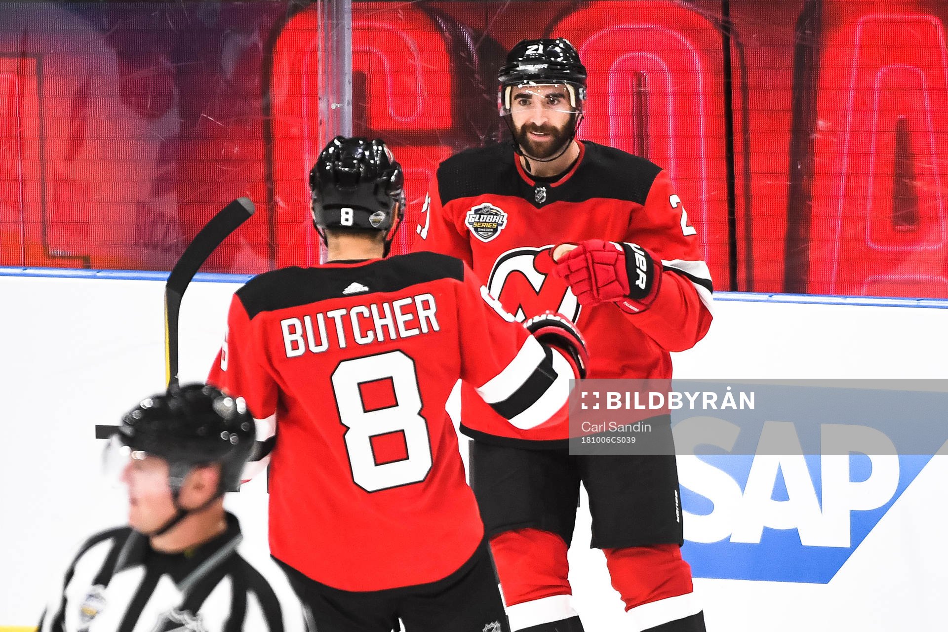 Kyle Palmieri of the New Jersey Devils celebrates the 2-1