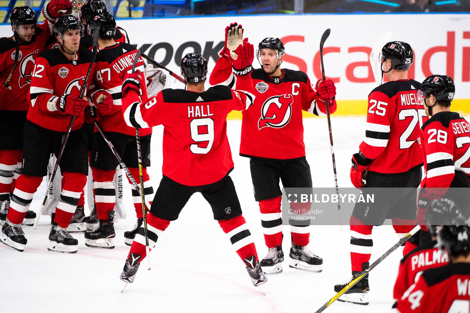 Taylor Hall and Andy Greene of the New Jersey Devils