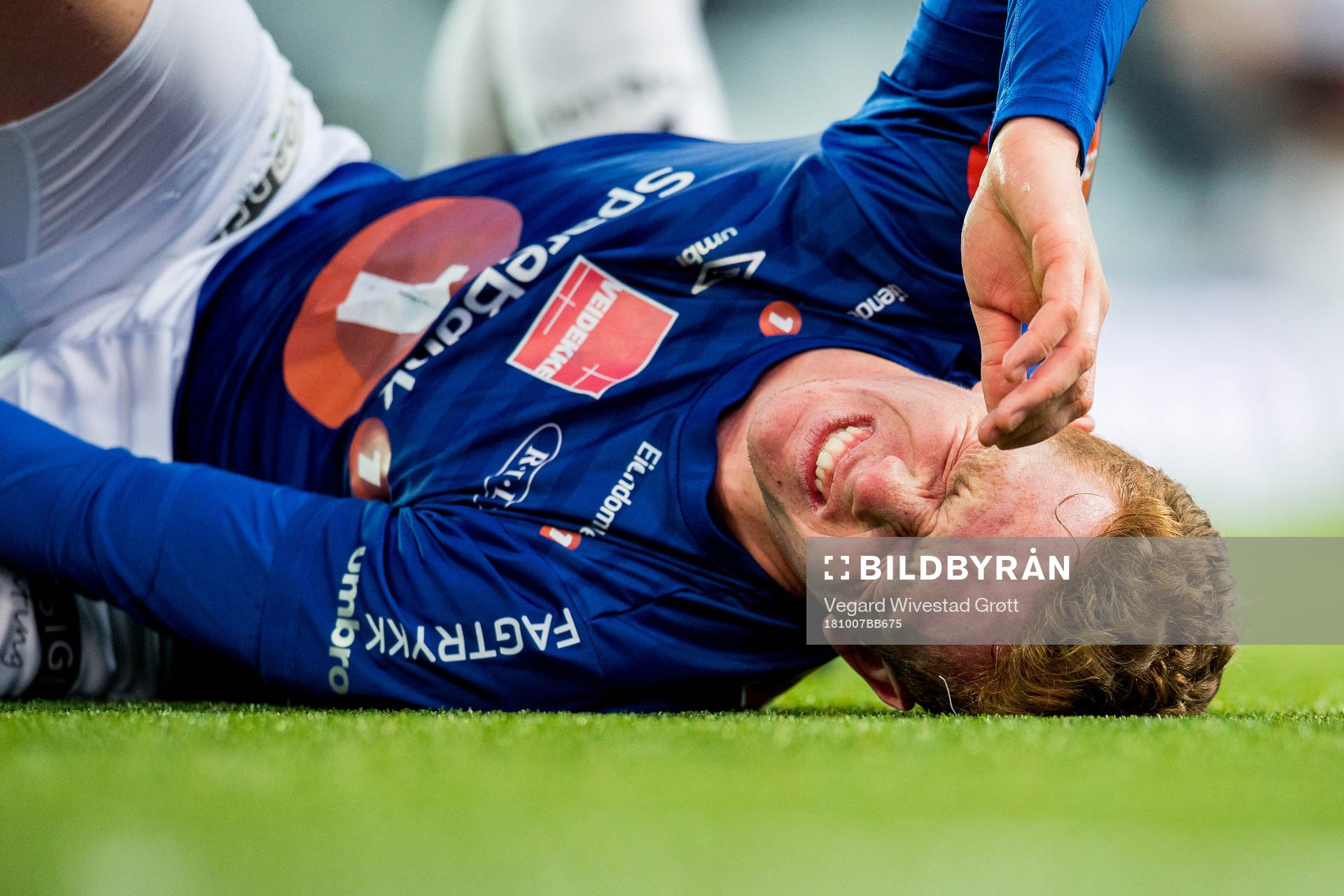 Aslak Fonn Witry of Ranheim with an injury during the Eliteserien match between Odd and Ranheim on October 7, 2018 in Skien.