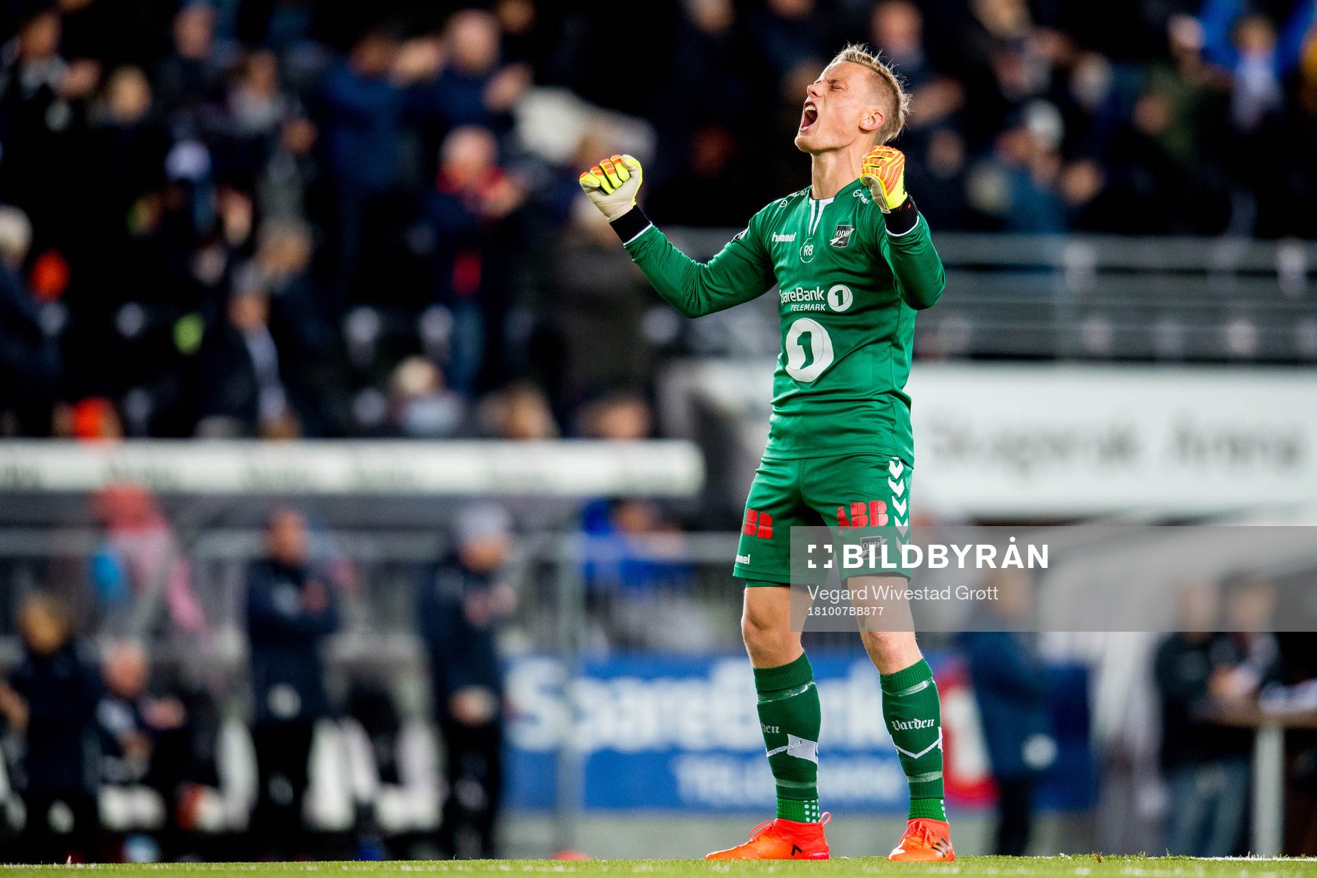 Goalkeeper Sondre Rossbach of Odd celebrates after 1-0 during the Eliteserien match between Odd and Ranheim on October 7, 2018 in Skien.