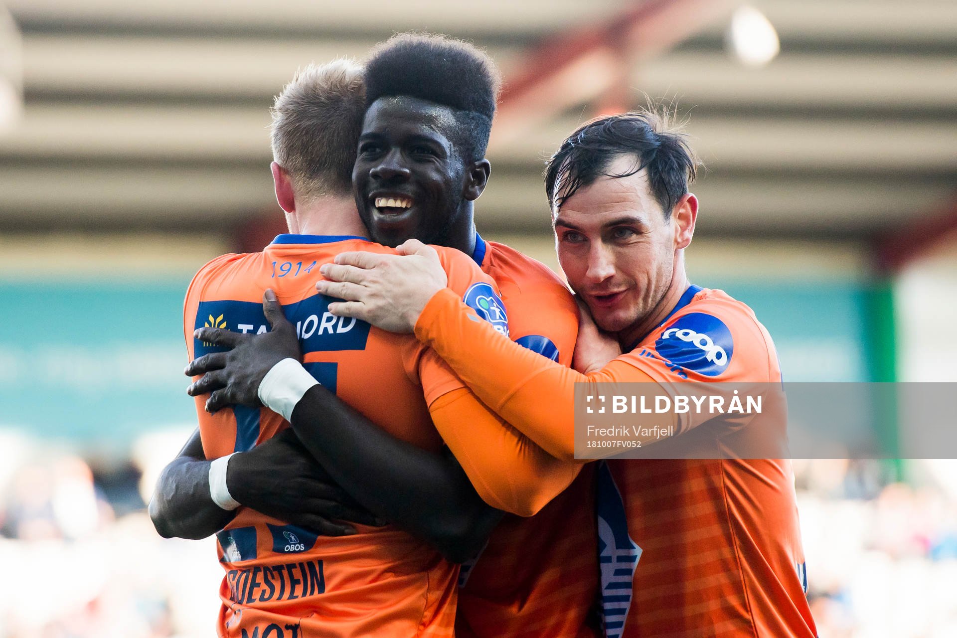 Pape Habib Gueye of Aalesund celebrates with his teammates