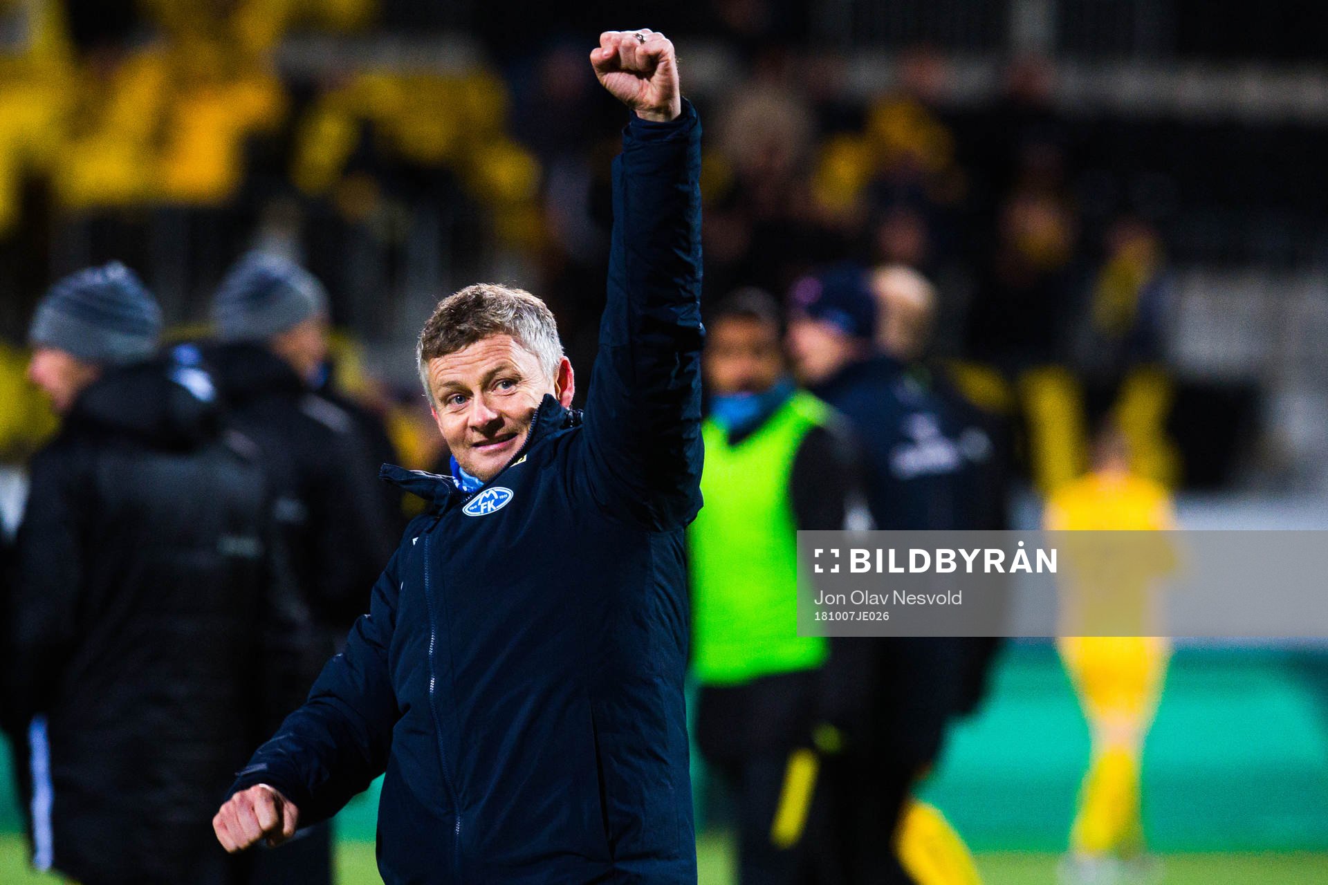 Ole Gunnar Solskjær, manager of Molde, celebrates after the Eliteserien match between Bodø/Glimt and Molde on October 7, 2018 in Bodø.