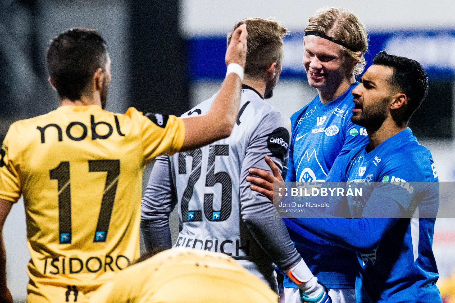 Isidoro and goalkeeper Ricardo Friedrich of Bodø/Glimt and Erling Braut Håland and Etzaz Hussain of Molde argue during the Eliteserien match between Bodø/Glimt and Molde on October 7, 2018 in Bodø.