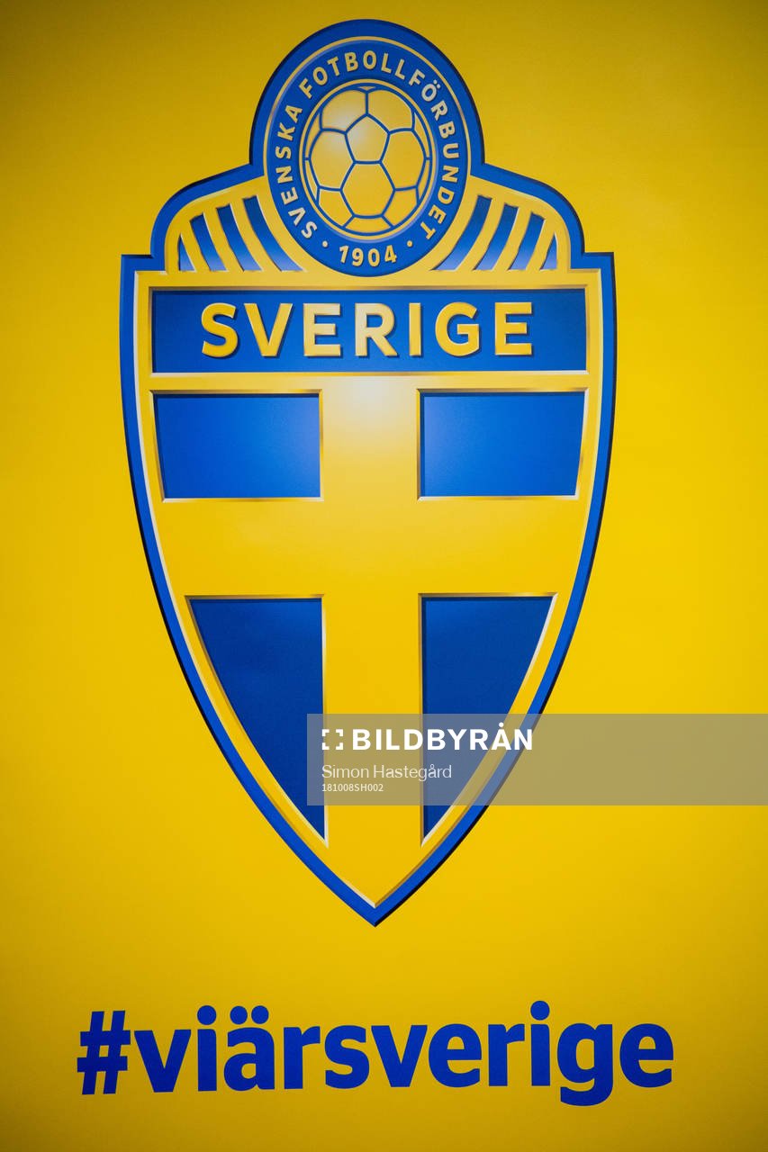 Svenska fotbollförbundets logotyp på en vepa före en