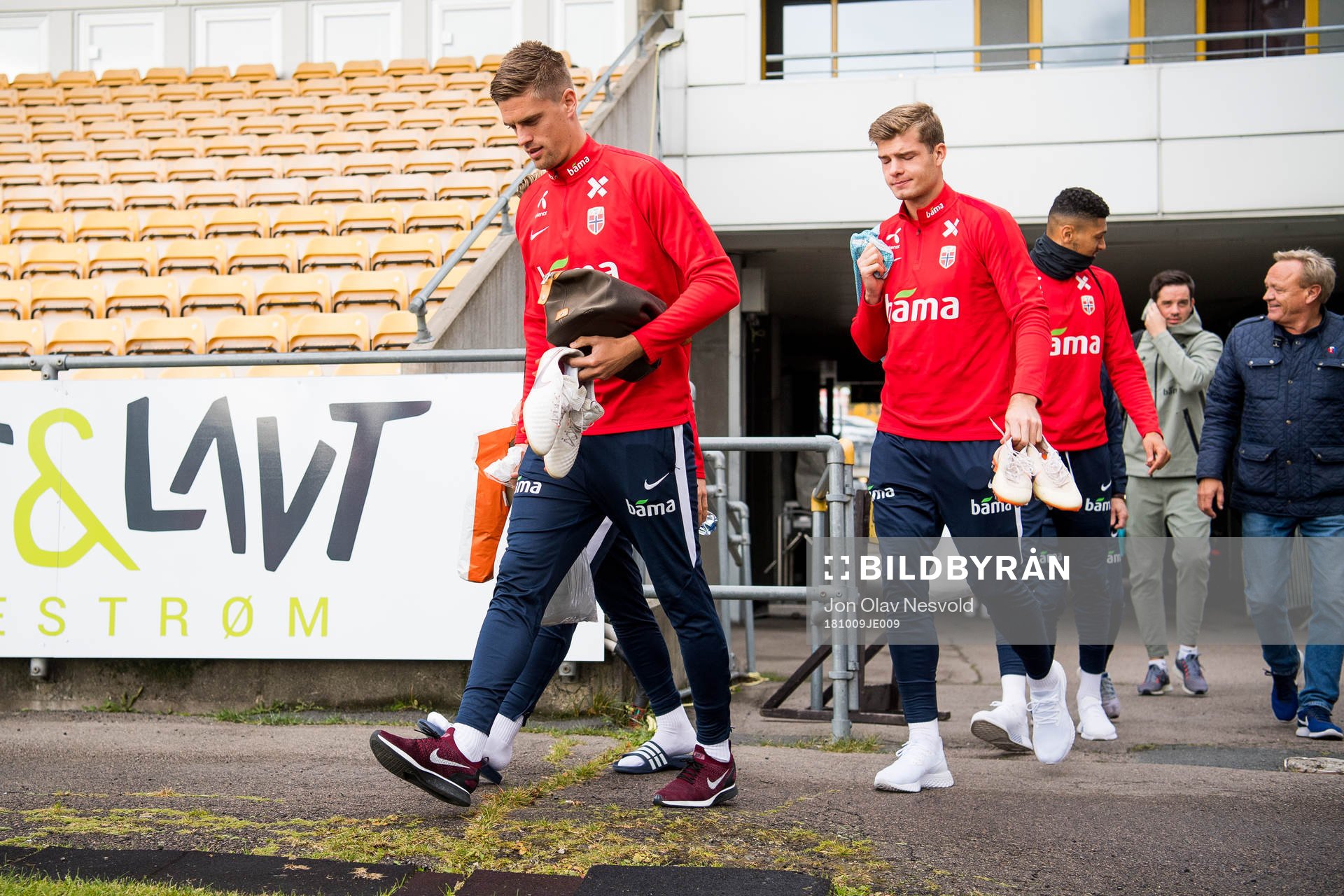 Markus Henriksen and Alexander Sørloth of Norway arrive