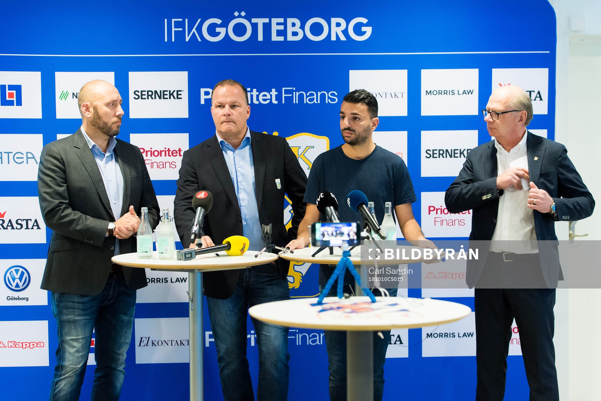 IFK Göteborgs klubbdirektör Max Markusson, Mikael Vikla, tränare Poya Asbaghi och ordförande Mats Engström under en presskonferens med IFK Göteborg den 10 oktober 2018 i Göteborg.