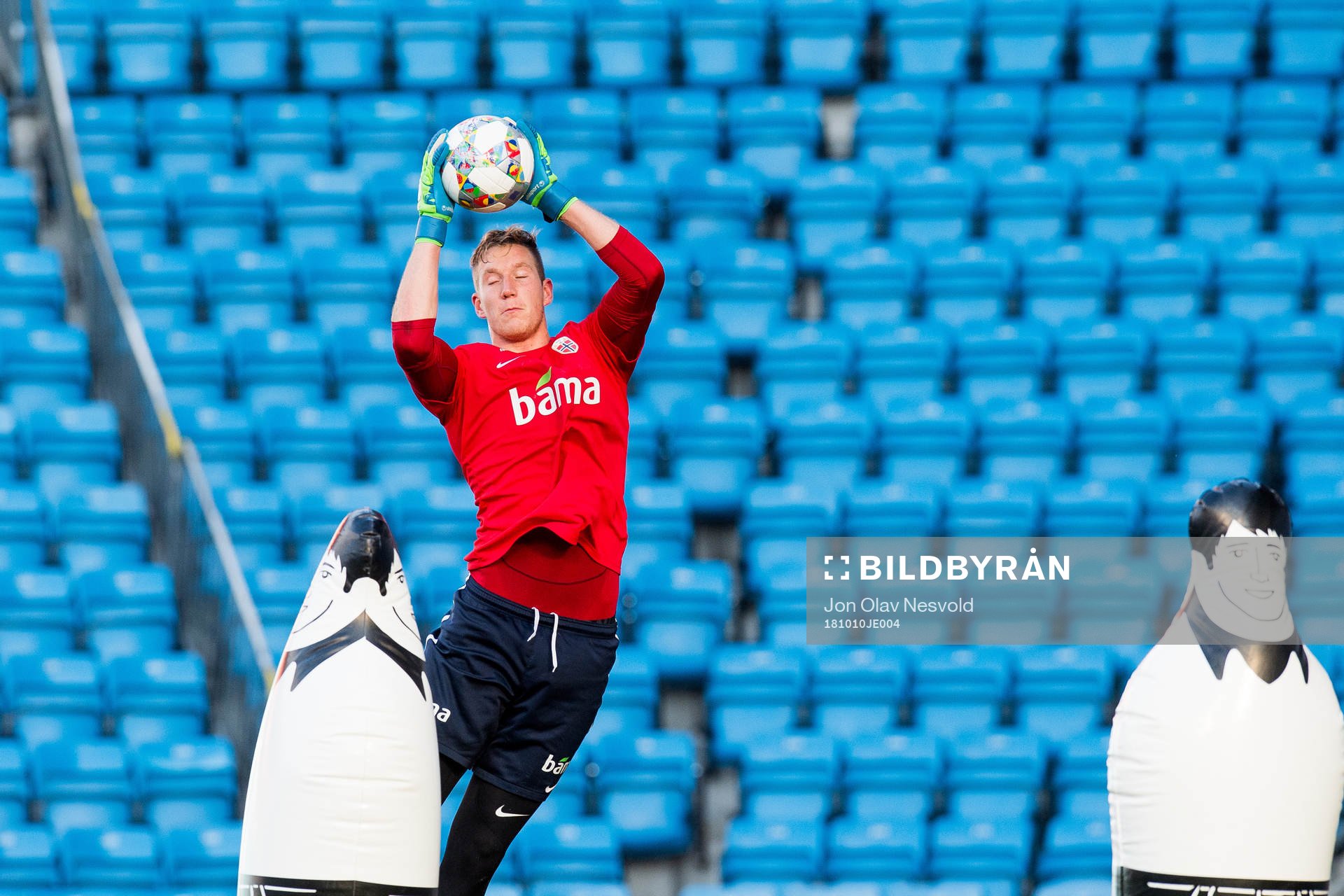 Goalkeeper Eirik Holmen Johansen of Norway during a training session on October 10, 2018 in Oslo.