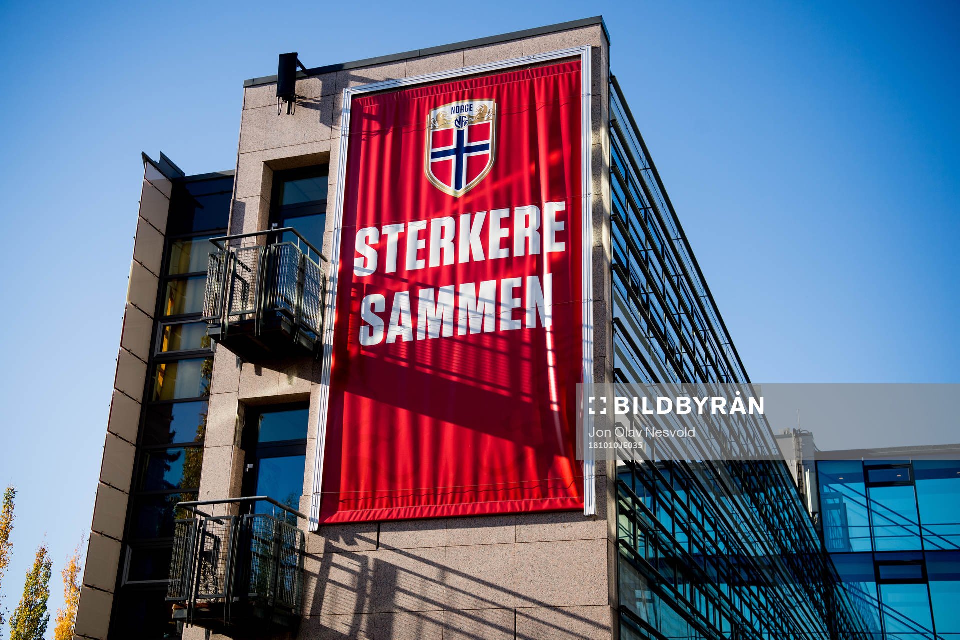 General exterior view of Ullevaal Stadion and a banner with