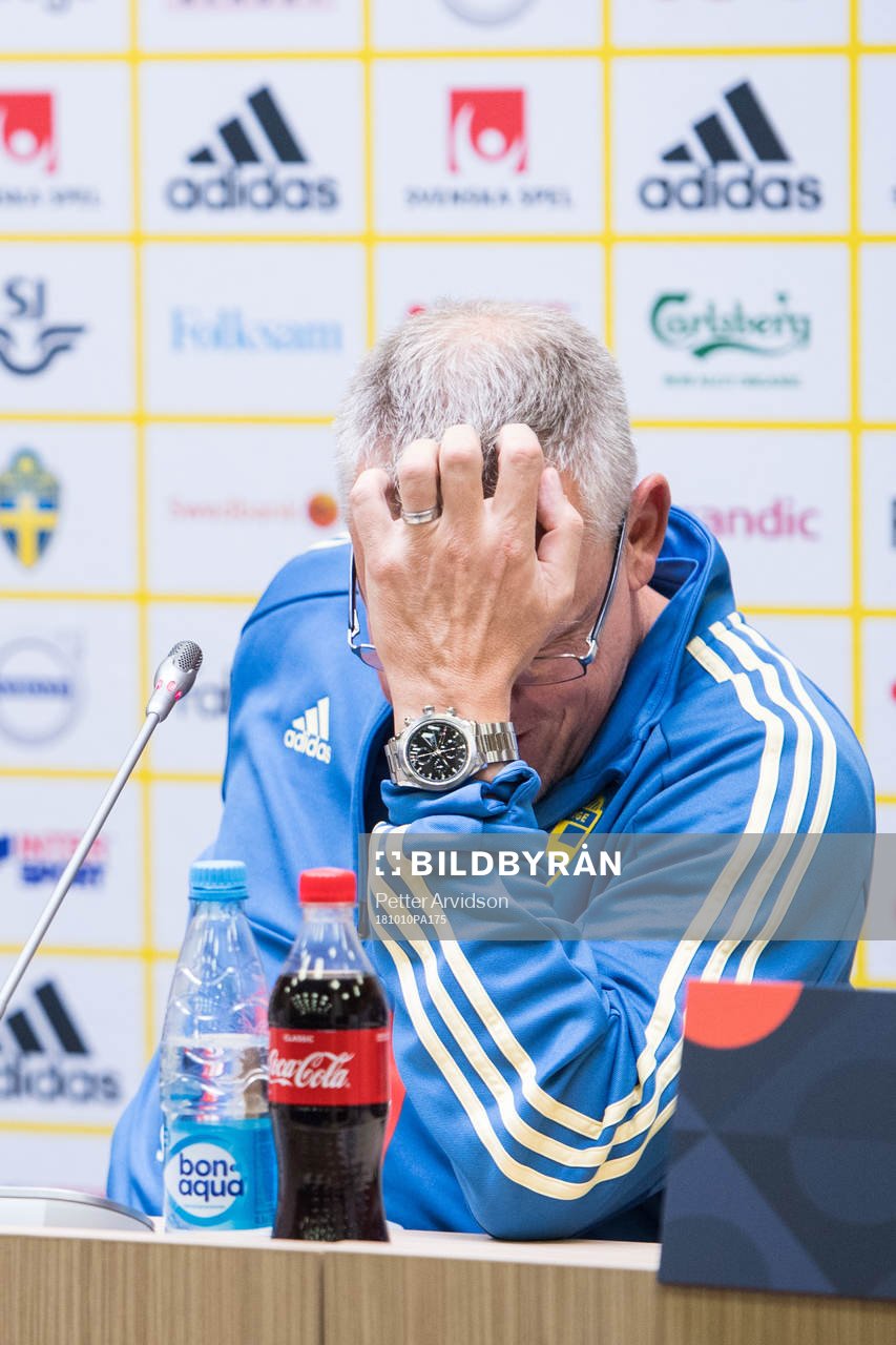 Head coach Janne Andersson of Sweden during a press conference on October 10, 2018 in Kaliningrad.