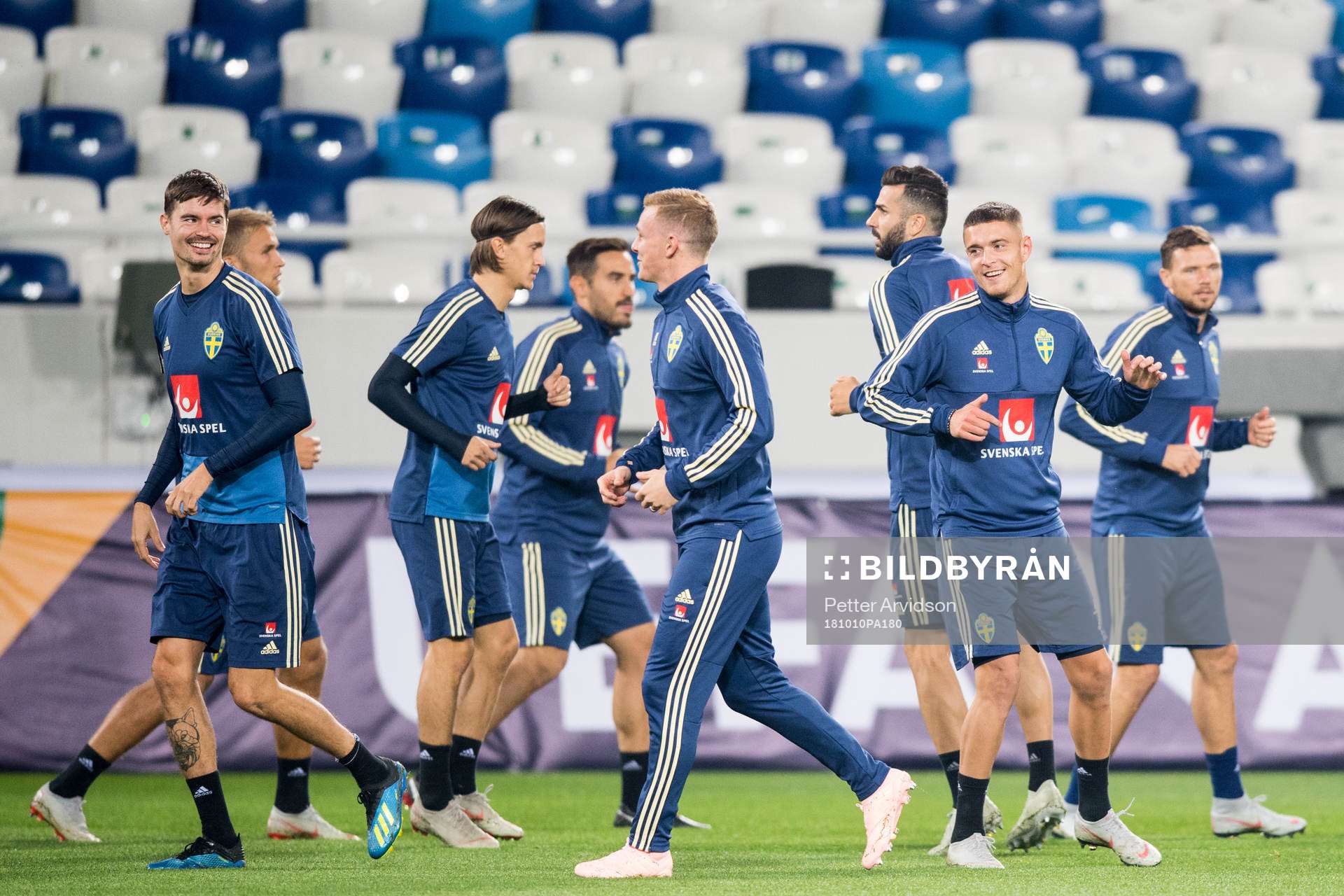 Mikael Lustig, Emil Krafth and Kristoffer Peterson of Sweden during a training session on October 10, 2018 in Kaliningrad.
