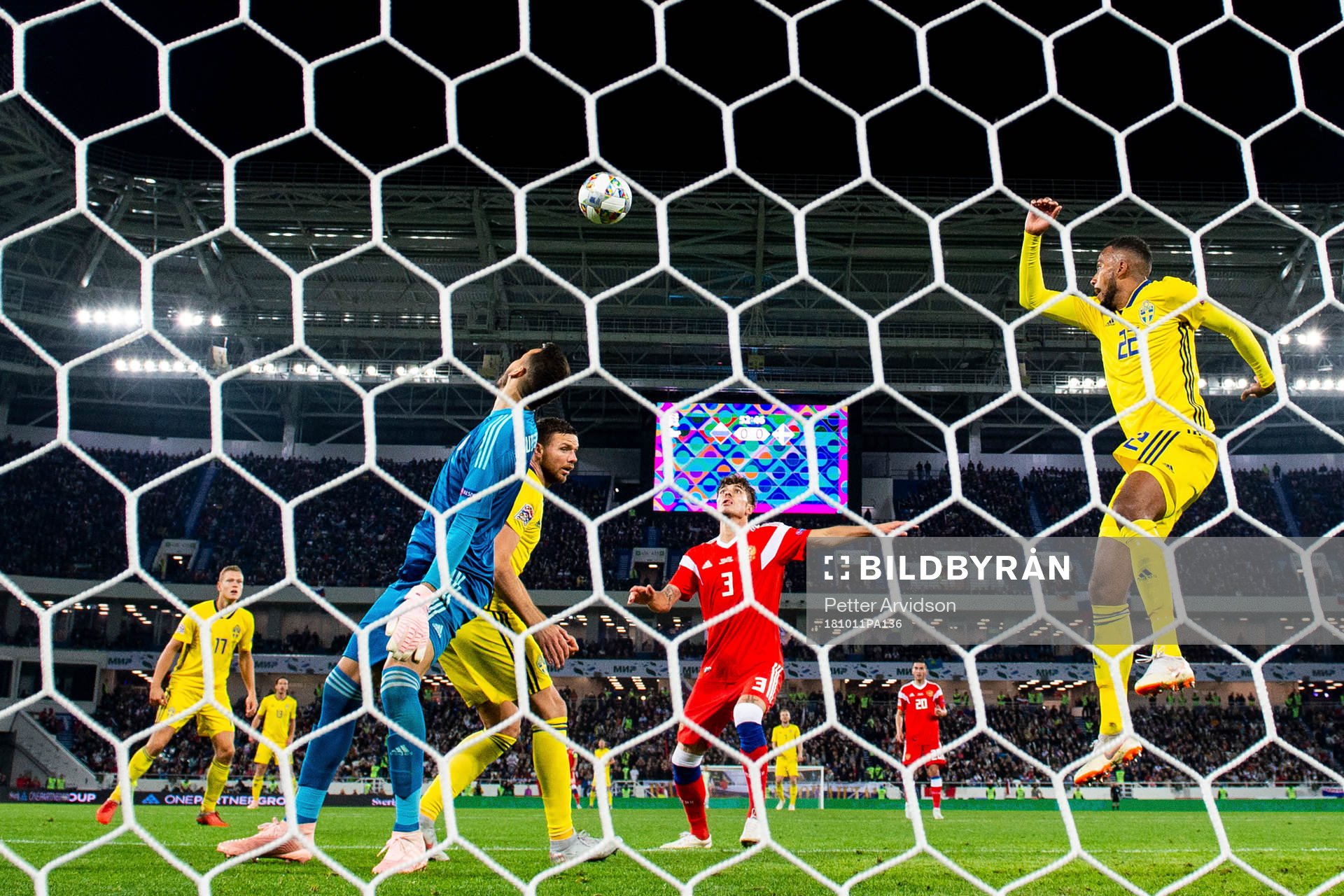 Marcus Berg and Isaac Kiese Thelin of Sweden against goalkeeper Igor Akinfeev and Ilya Kutepov of Russia during the Nations League match between Russia and Sweden on October 11, 2018 in Kaliningrad.