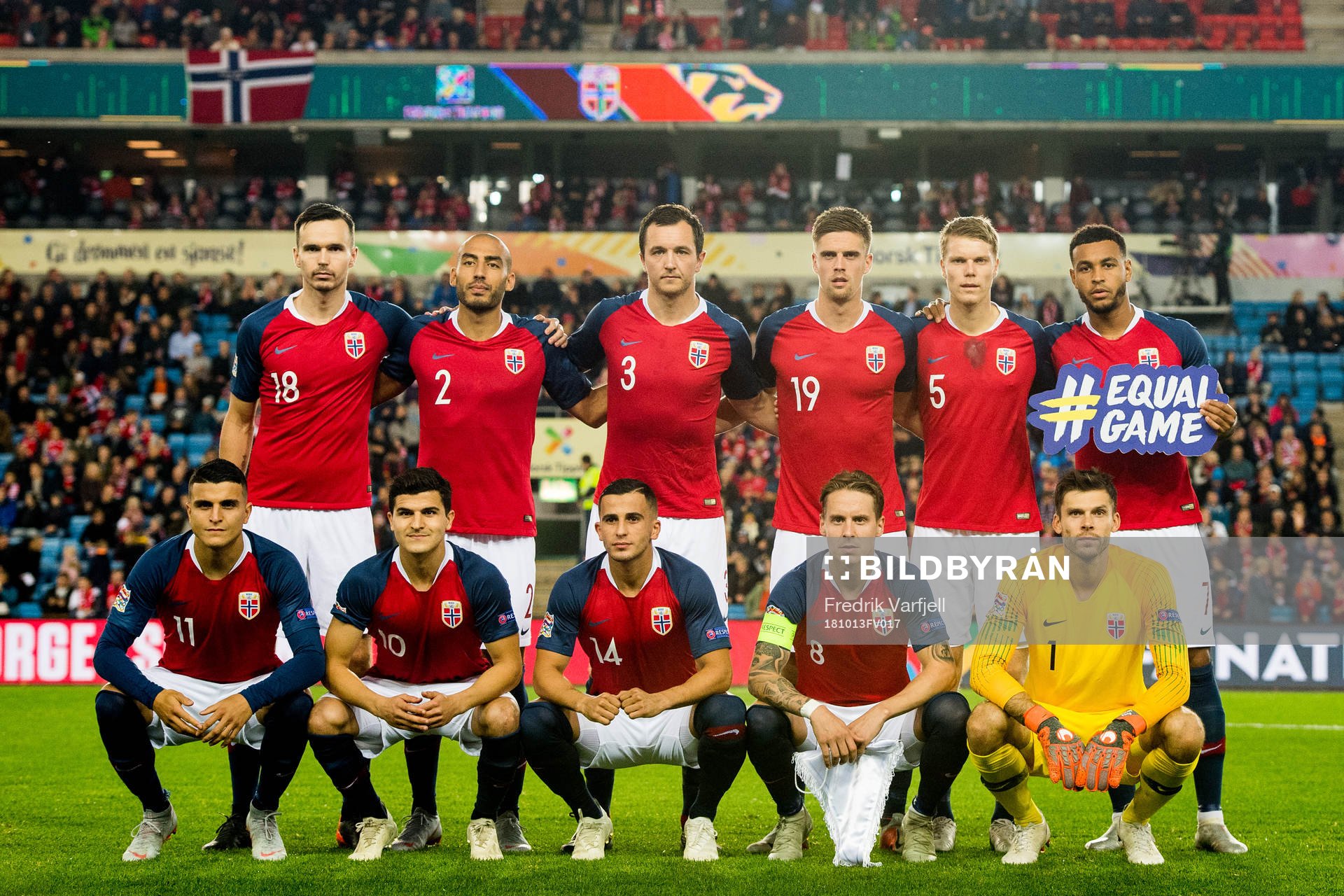 Ole Kristian Selnæs (2nd row), Haitam Aleesami, Even Hovland, Markus Henriksen, Sigurd Rosted, Joshua King, Mohamed Elyounoussi, Tarik Elyounoussi, Omar Elabdellaoui and goalkeeper Rune Almenning Jarstein of Norway pose for a team photo ahead of the Nations League match between Norway and Slovenia on October 13, 2018 in Oslo.