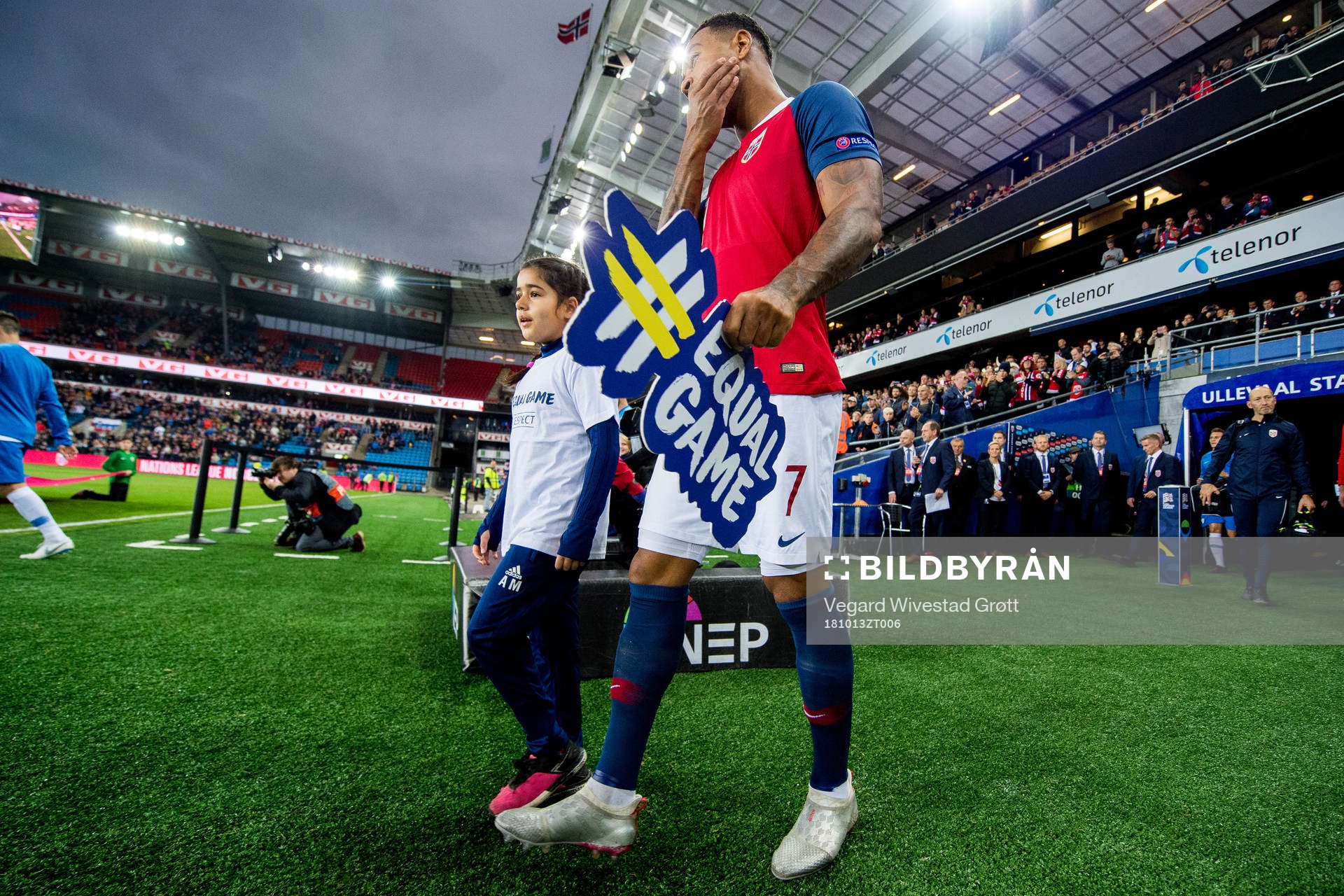 Joshua King of Norway enters the pitch