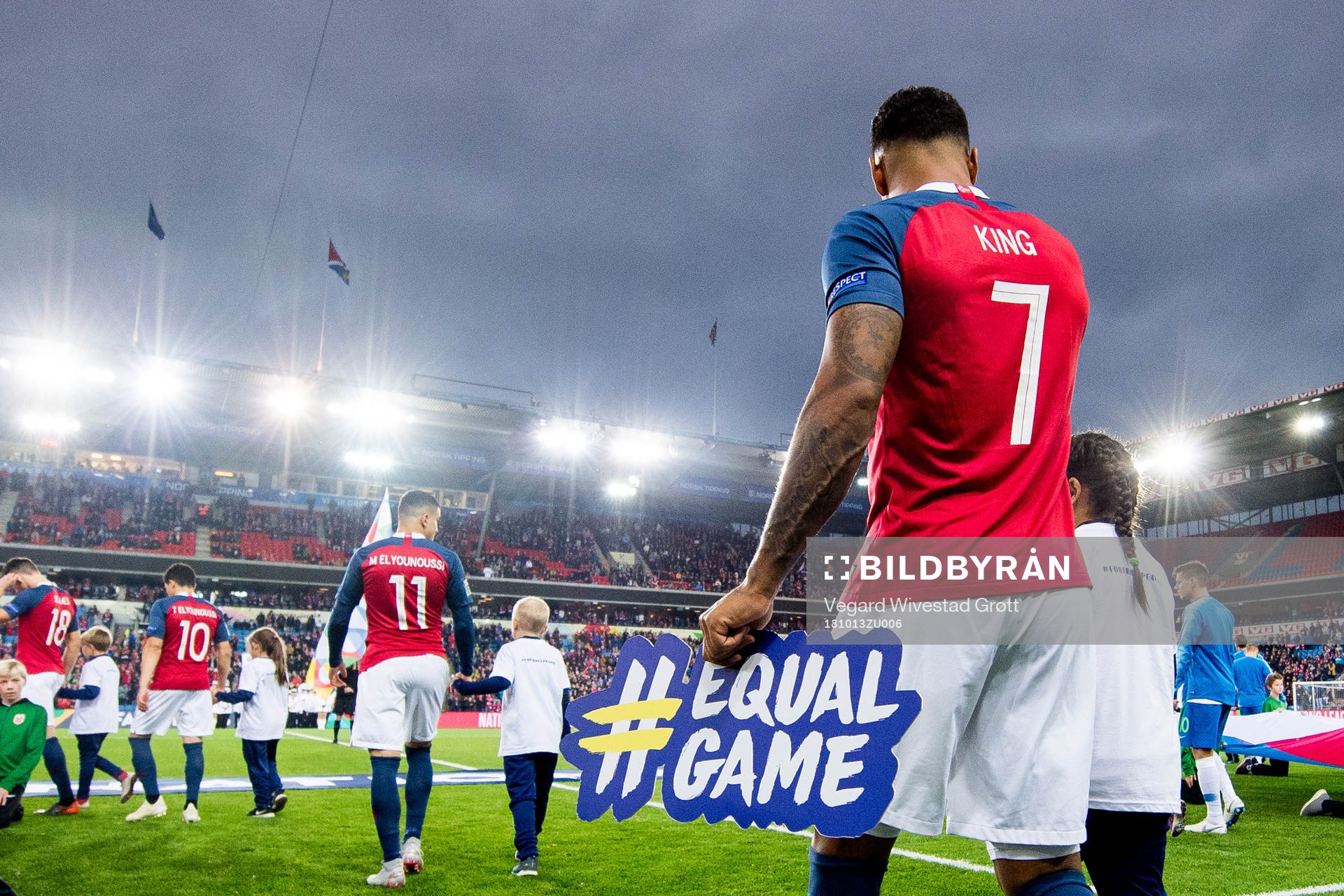 Joshua King of Norway enters the pitch