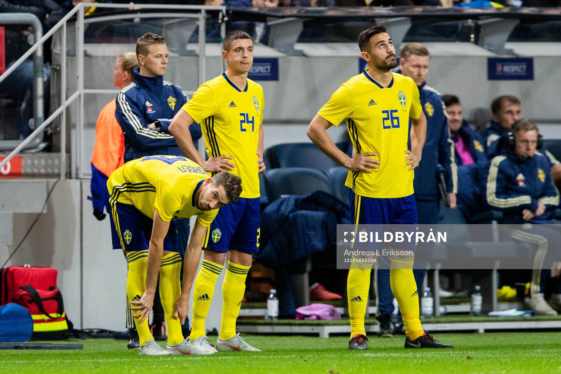 Marcus Rohdén, Kristoffer Peterson and Sotirios Papagiannopoulos of Sweden during the international friendly football match between Sweden and Slovakia on october 16, 2018 in Stockholm.
