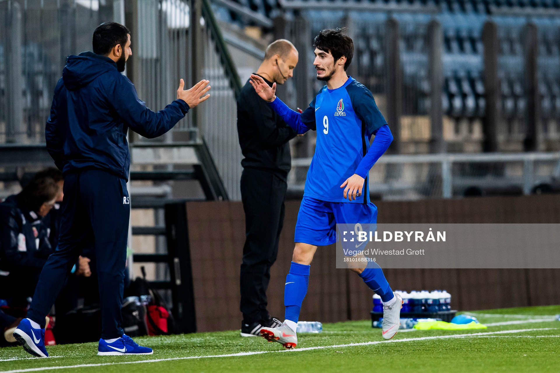 Fahmin Muradbayli of Azerbaijancelebrates with Rashad Sadigov, head coach of Azerbaijan, after scoring 0-1 during the UEFA European Under-21 Qualifier match between Norway and Azerbaijan on October 16, 2018 in Drammen.