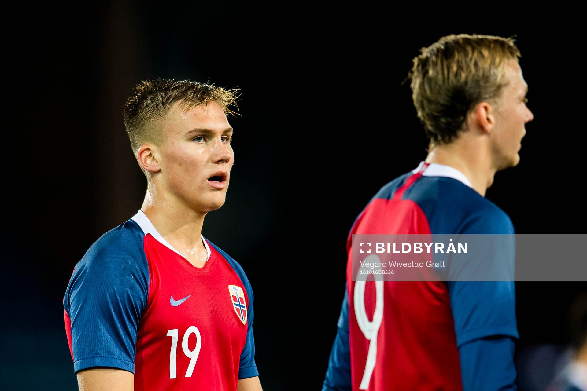 Leo Skiri Østigård and Birk Risa of Norway during the UEFA European Under-21 Qualifier match between Norway and Azerbaijan on October 16, 2018 in Drammen.