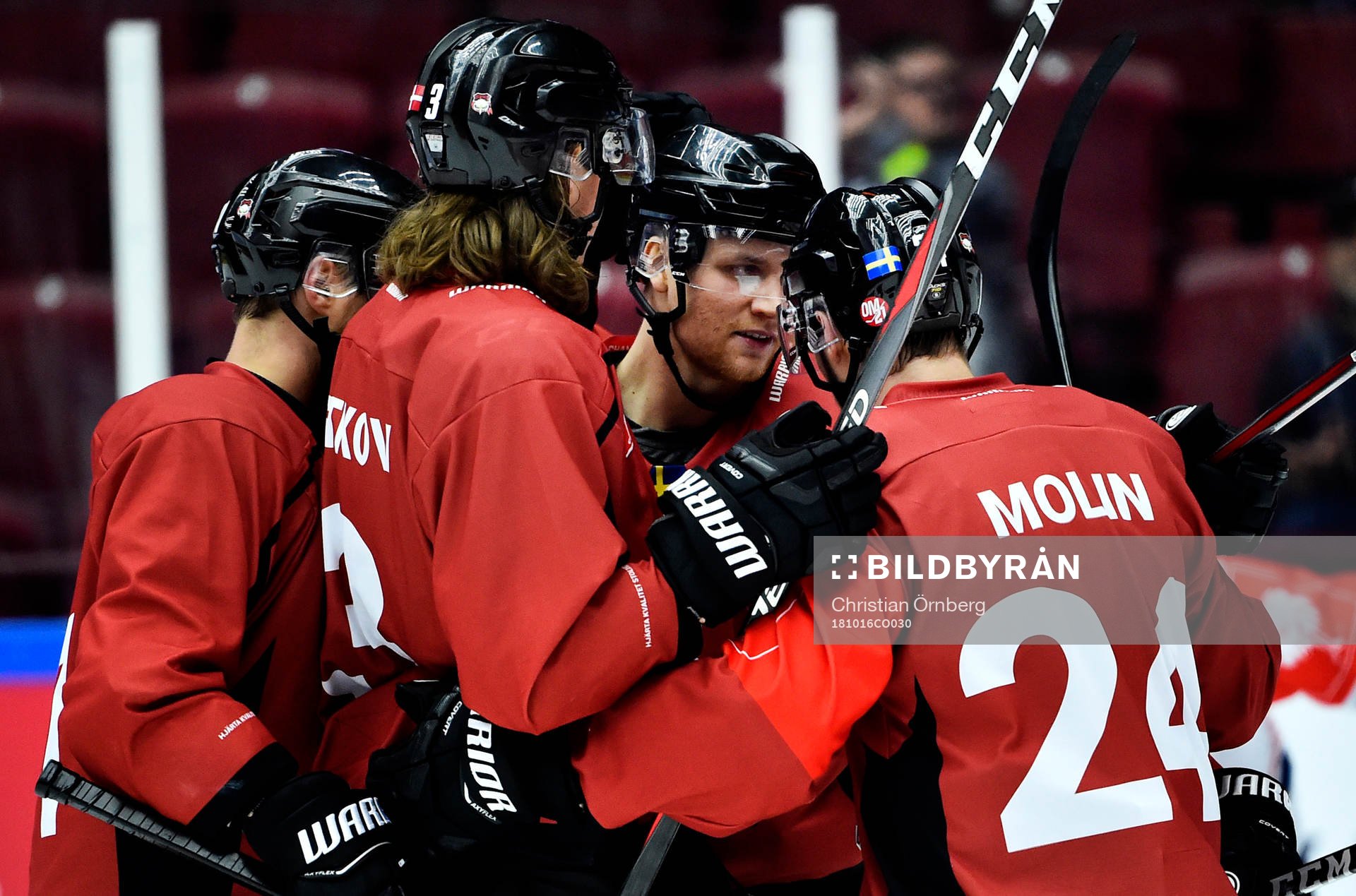 Max Görtz of Malmö Redhawks scores a goal and celebrates