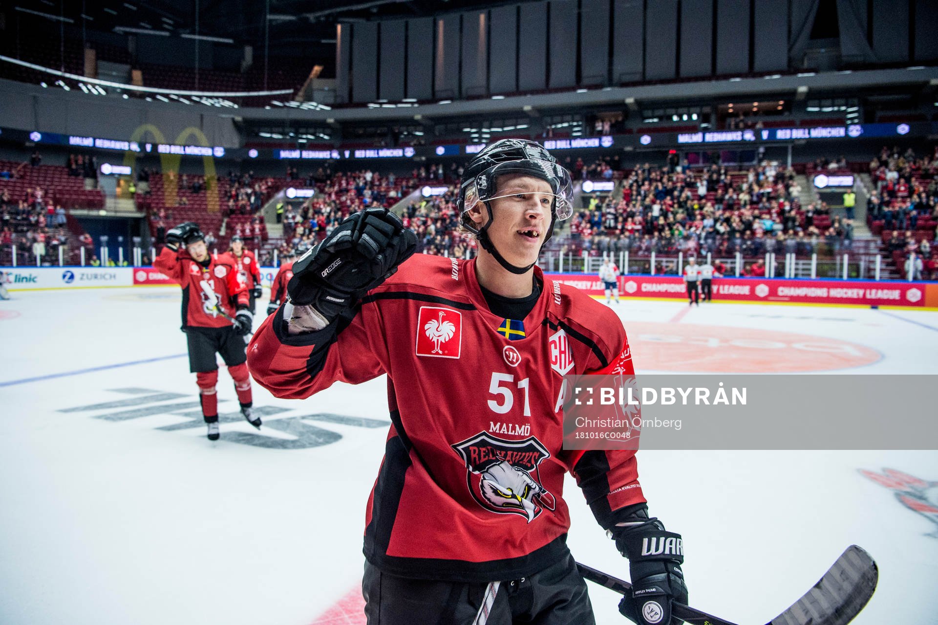 Emil Sylvegård of Malmö Redhawks celebrates 4-1