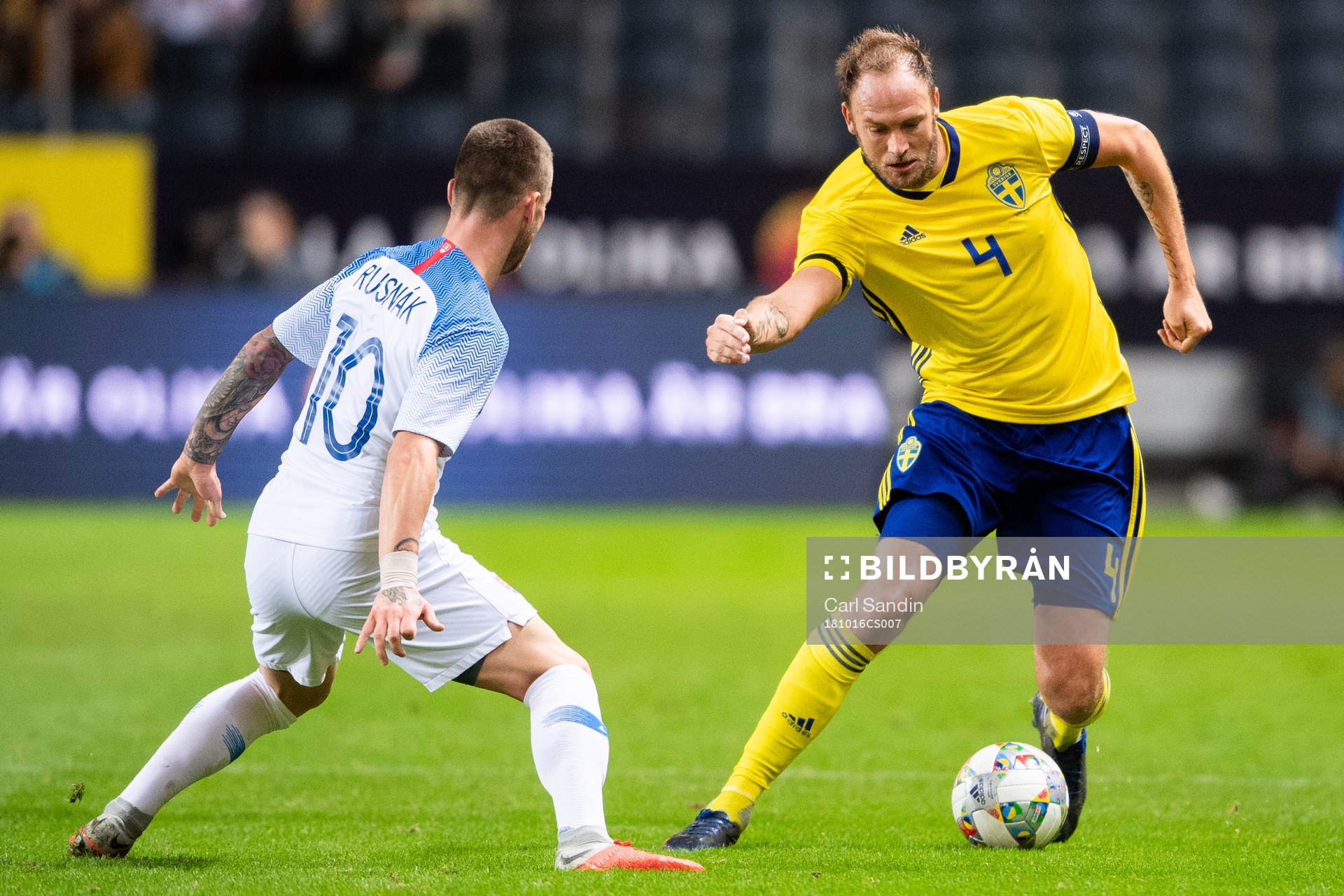 Albert Rusnak of Slovakiaand Andreas Granqvist of Sweden during the international friendly football match between Sweden and Slovakia on October 16, 2018 in Stockholm.