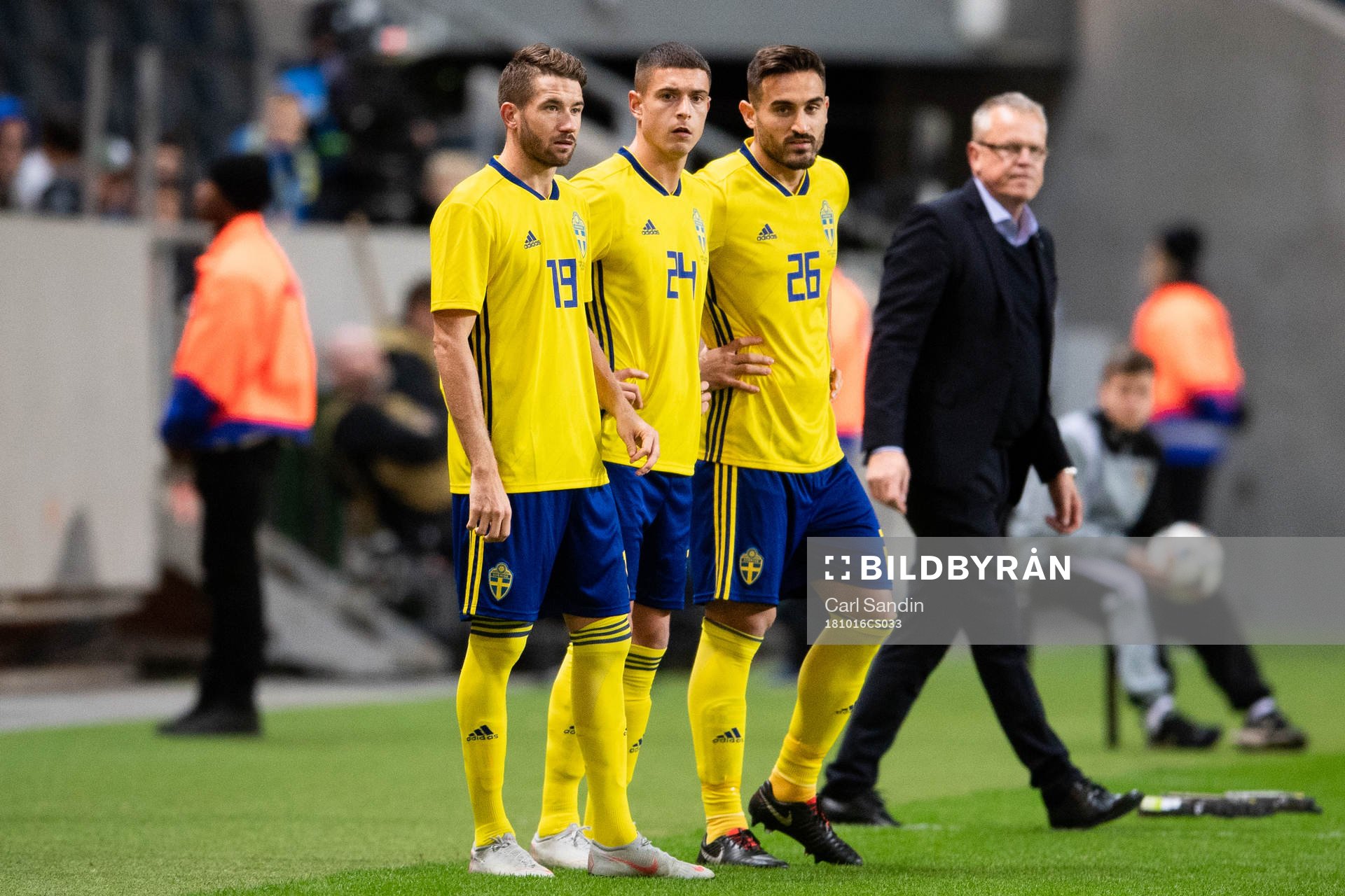 Marcus Rohdénl, Kristoffer Peterson and Sotirios Papagiannopoulos of Sweden during the international friendly football match between Sweden and Slovakia on October 16, 2018 in Stockholm.