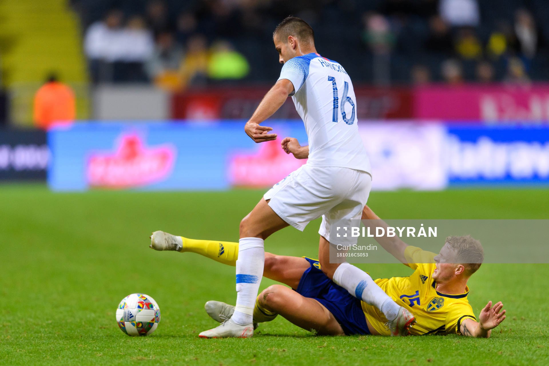David Hancko of Slovakia and Oscar Hiljemark of Sweden