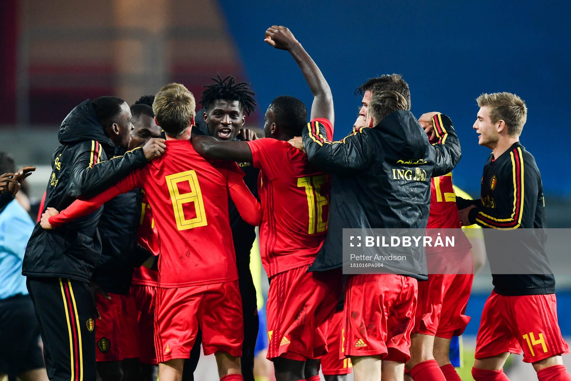 Players of Belgium celebrates after the UEFA European Under-21 Qualifier match between Sweden and Belgium on October 16, 2018 in Kalmar.