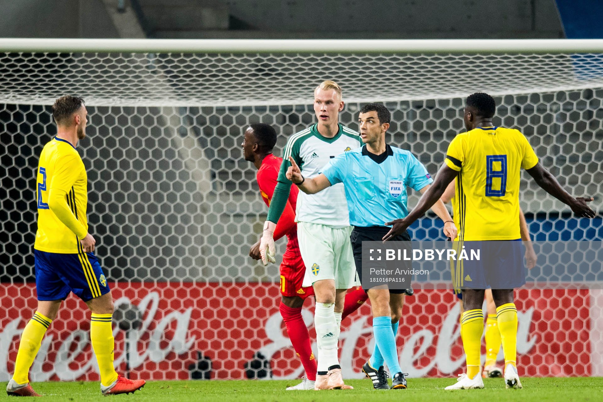 Goalkeeper Pontus Dahlberg of Sweden and referee Frank