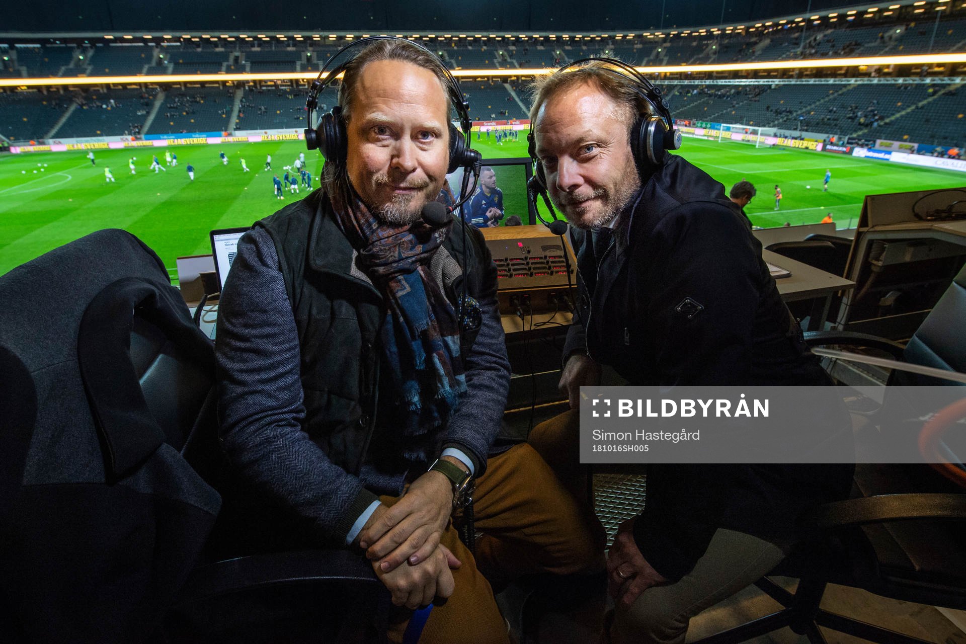 Jesper Hussfelt and Anders Andersson, commentators of Cmore, ahead of the international friendly football match between Sweden and Slovakia on october 16, 2018 in Stockholm.
