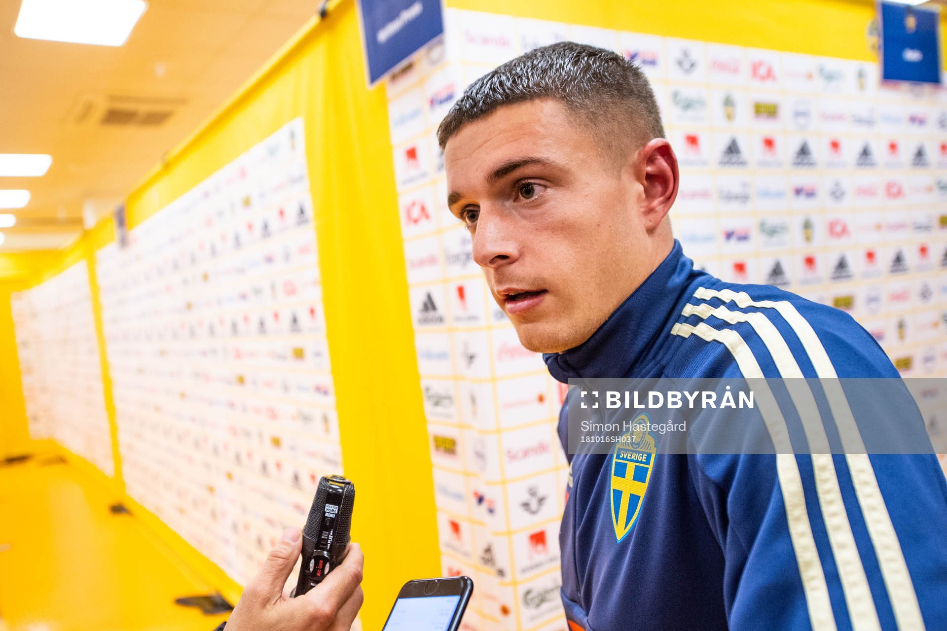 Kristoffer Peterson of Sweden in the mixed zone after the international friendly football match between Sweden and Slovakia on october 16, 2018 in Stockholm.