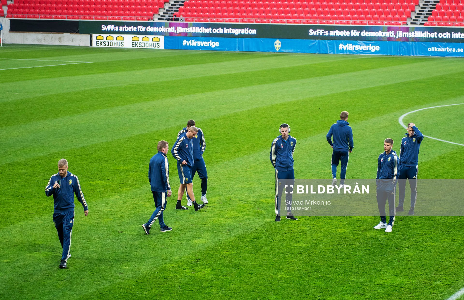 Swedish players inspecting the pitch