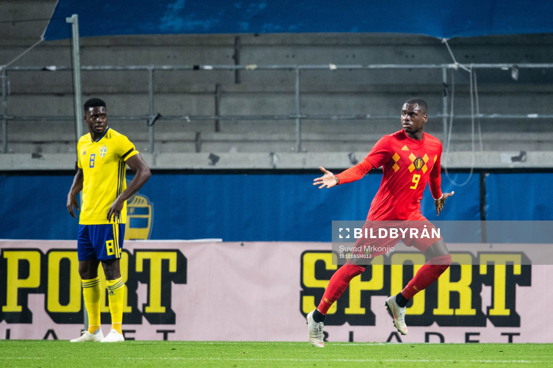 Nany Dimata of Belgium celebrates after 1-0 during the UEFA European Under-21 Qualifier match between Sweden and Belgium on October 16 2018 in Kalmar.