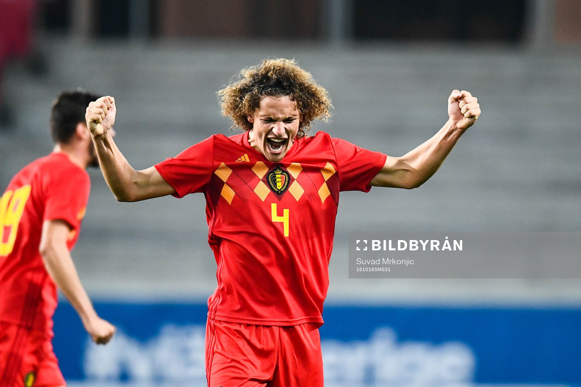 Wout Faes of Belgium celebrates after the UEFA European Under-21 Qualifier match between Sweden and Belgium on October 16 2018 in Kalmar.