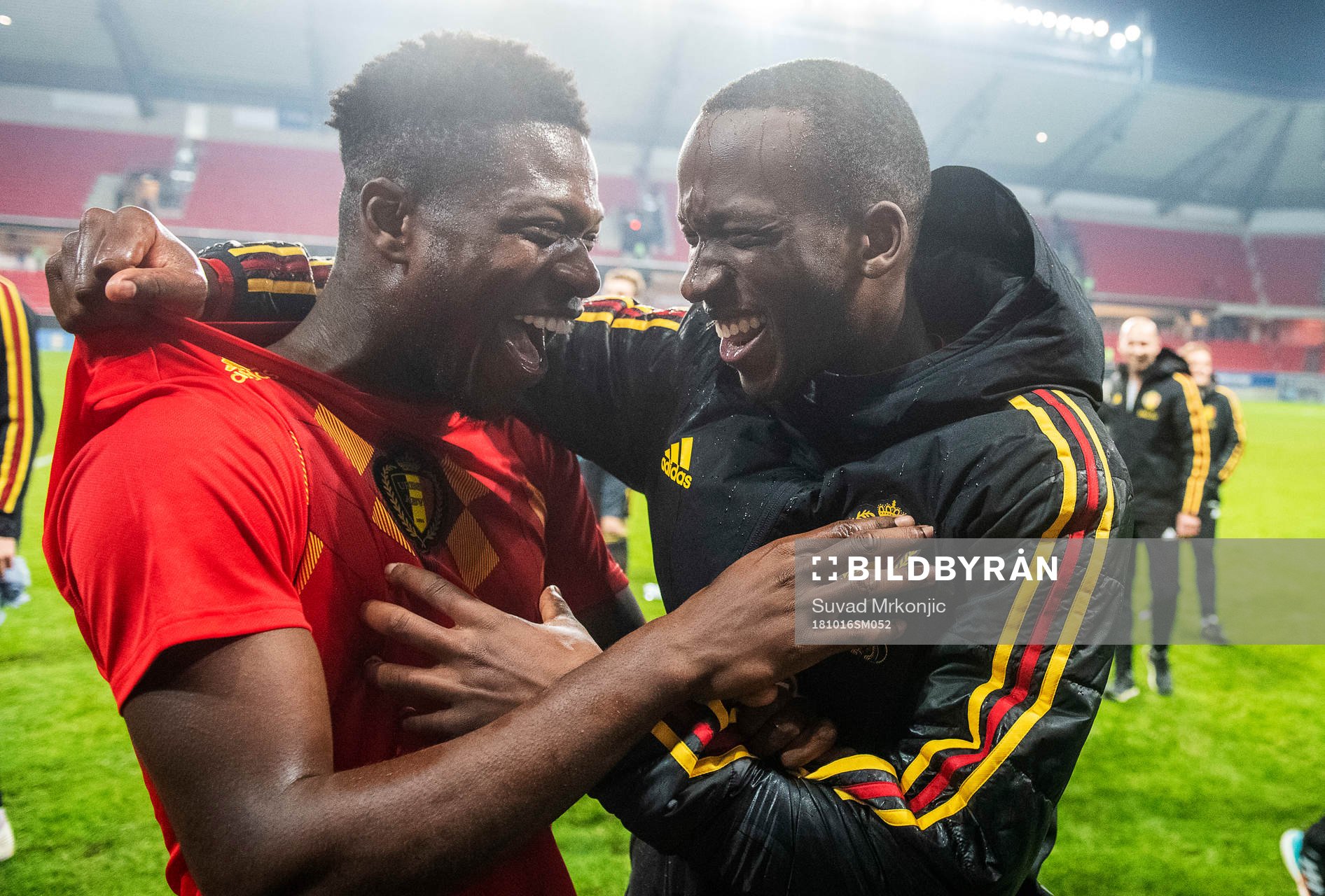 Aaron Leya Iseka and Nany Dimata of Belgium celebrates