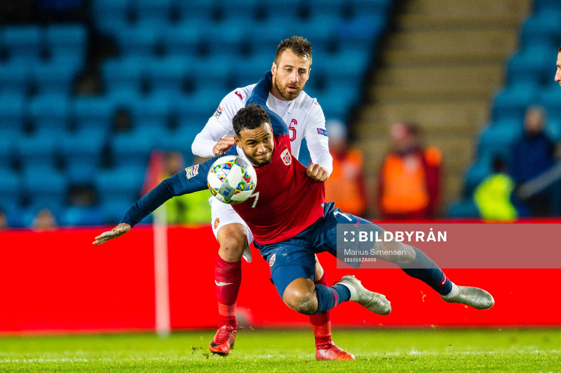 Simeon Slavchev of Bulgaria and Joshua King of Norway during the Nations League match between Norway and Bulgaria on October 16, 2018 in Oslo.