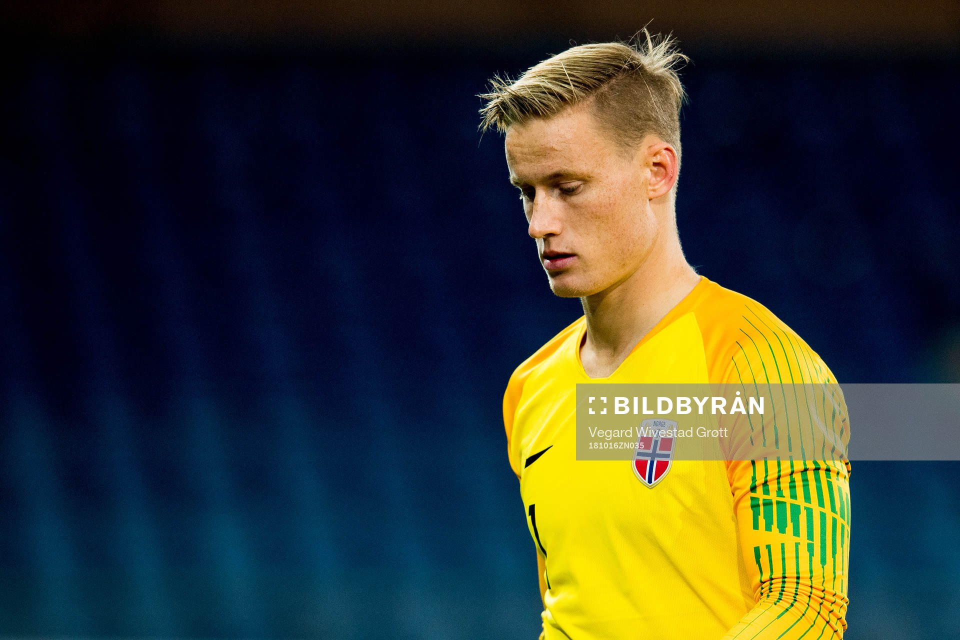 Goalkeeper Sondre Rossbach of Norway looks dejected at half