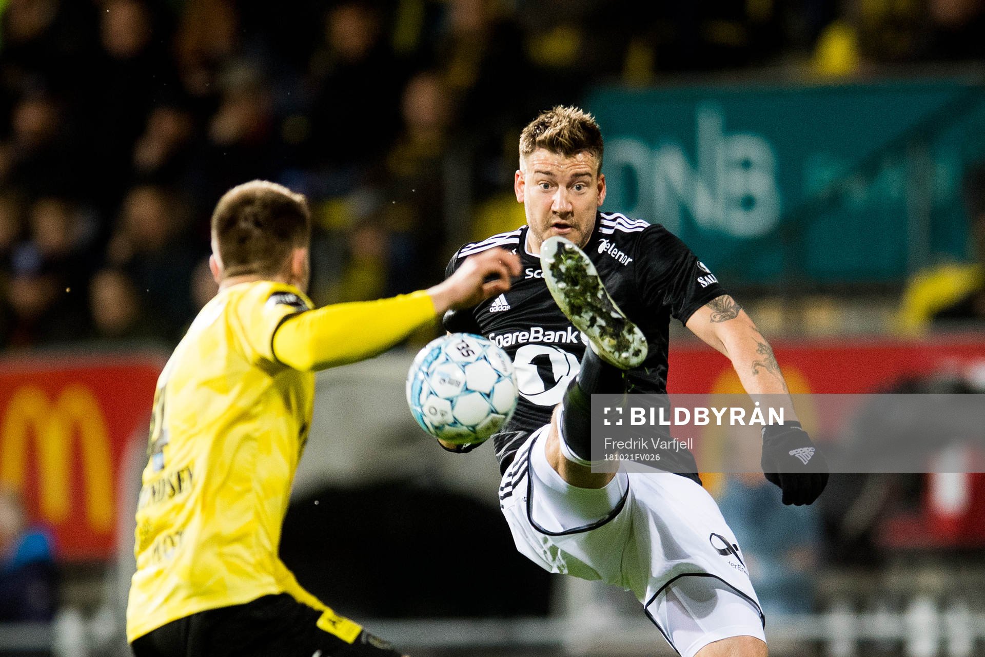 Marius Amundsen of Lillestrøm and Nicklas Bendtner of Rosenborg during the Eliteserien match between Lillestrøm and Rosenborg on October 21, 2018 in Lillestrøm.