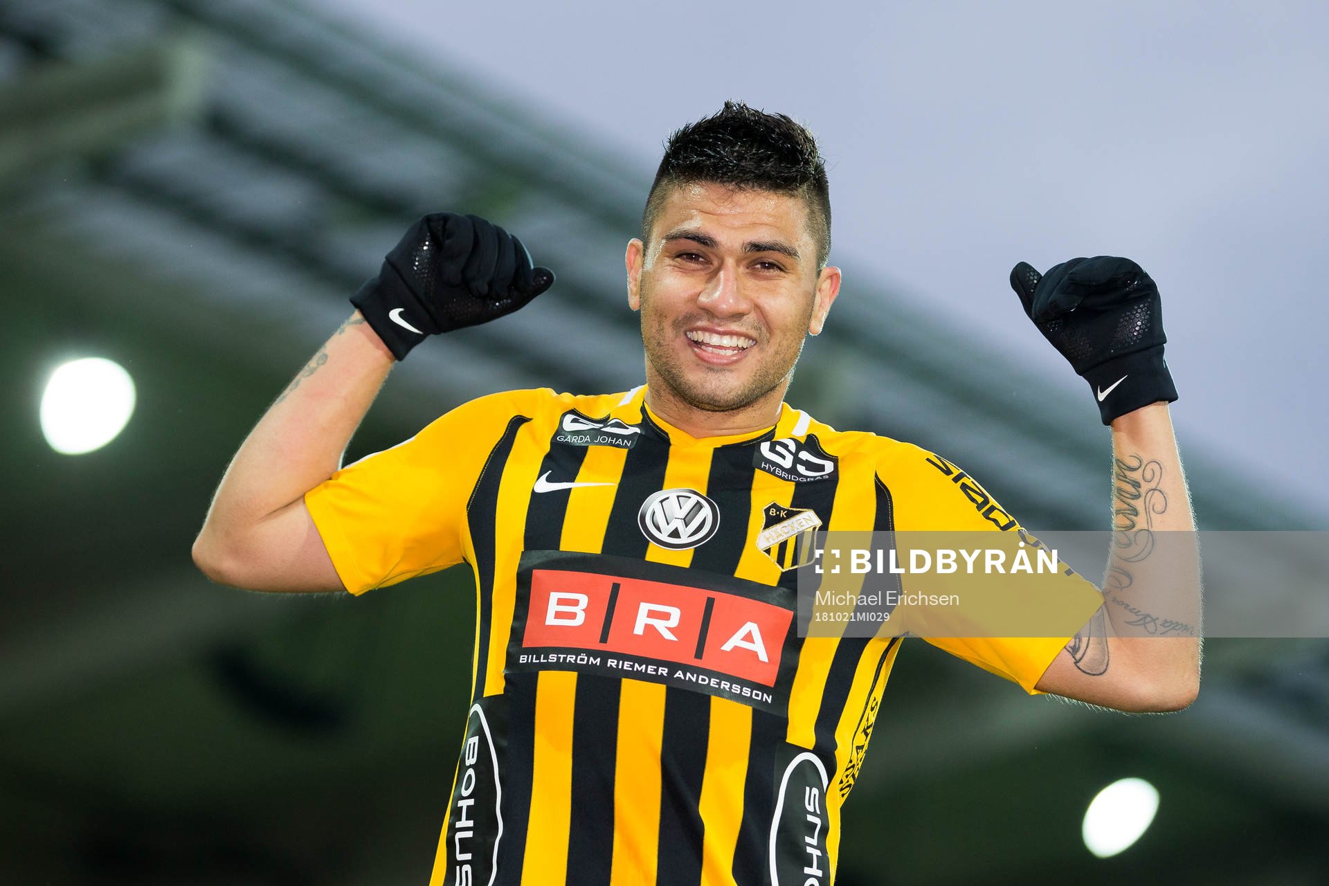 Häckens Paulinho jublar efter fotbollsmatchen i allsvenskan mellan Häcken och Östersund den 21 oktober 2018 i Göteborg.