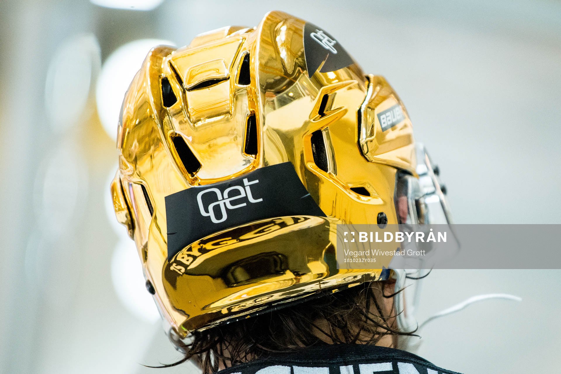 The golden helmet of David Morley of Stavanger Oilers