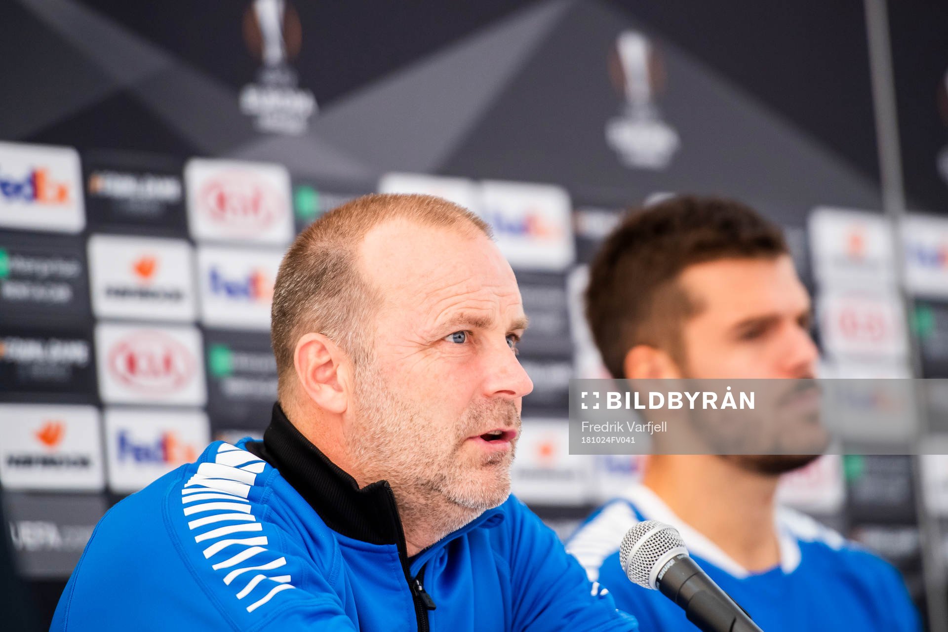 Geir Bakke, head coach of Sarpsborg 08, and Joachim Thomassen of Sarpsborg 08 during a press conference ahead of the Europa league match between Sarpsborg 08 and Malmö FF on October 24, 2018 in Sarpsborg.
