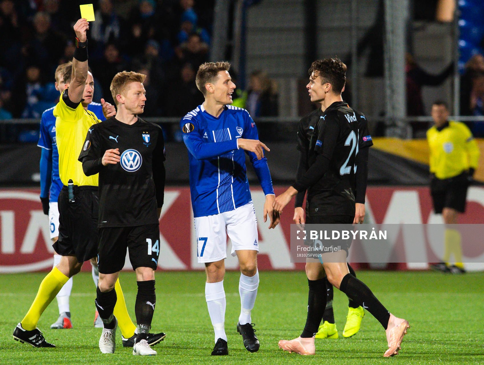 Andreas Vindheim of Malmö FF receives a yellow card