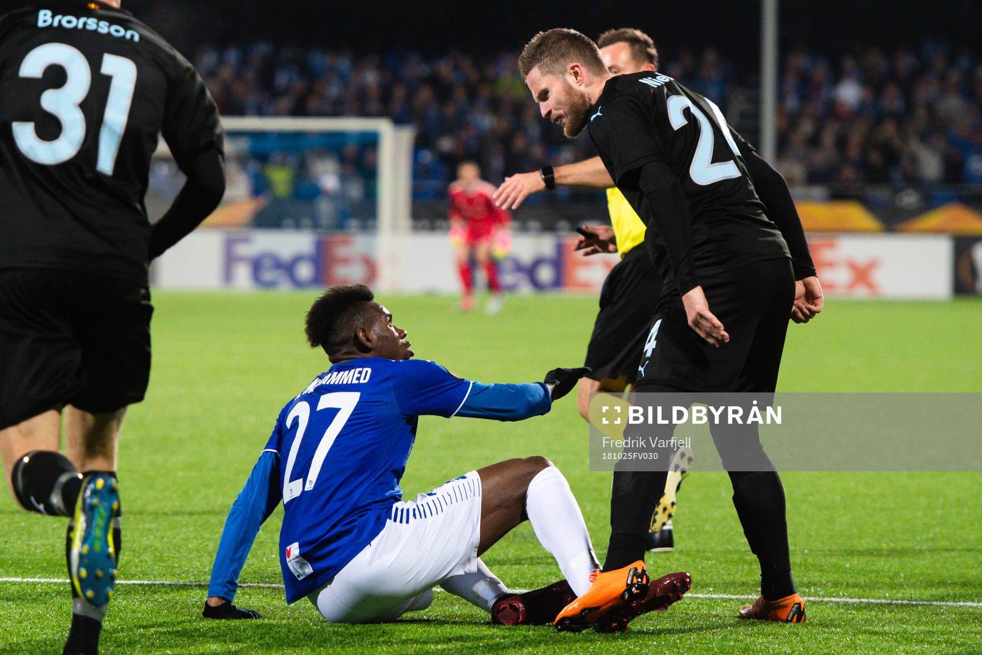 Rashad Muhammed of Sarpsborg 08 and Lasse Nielsen of Malmö