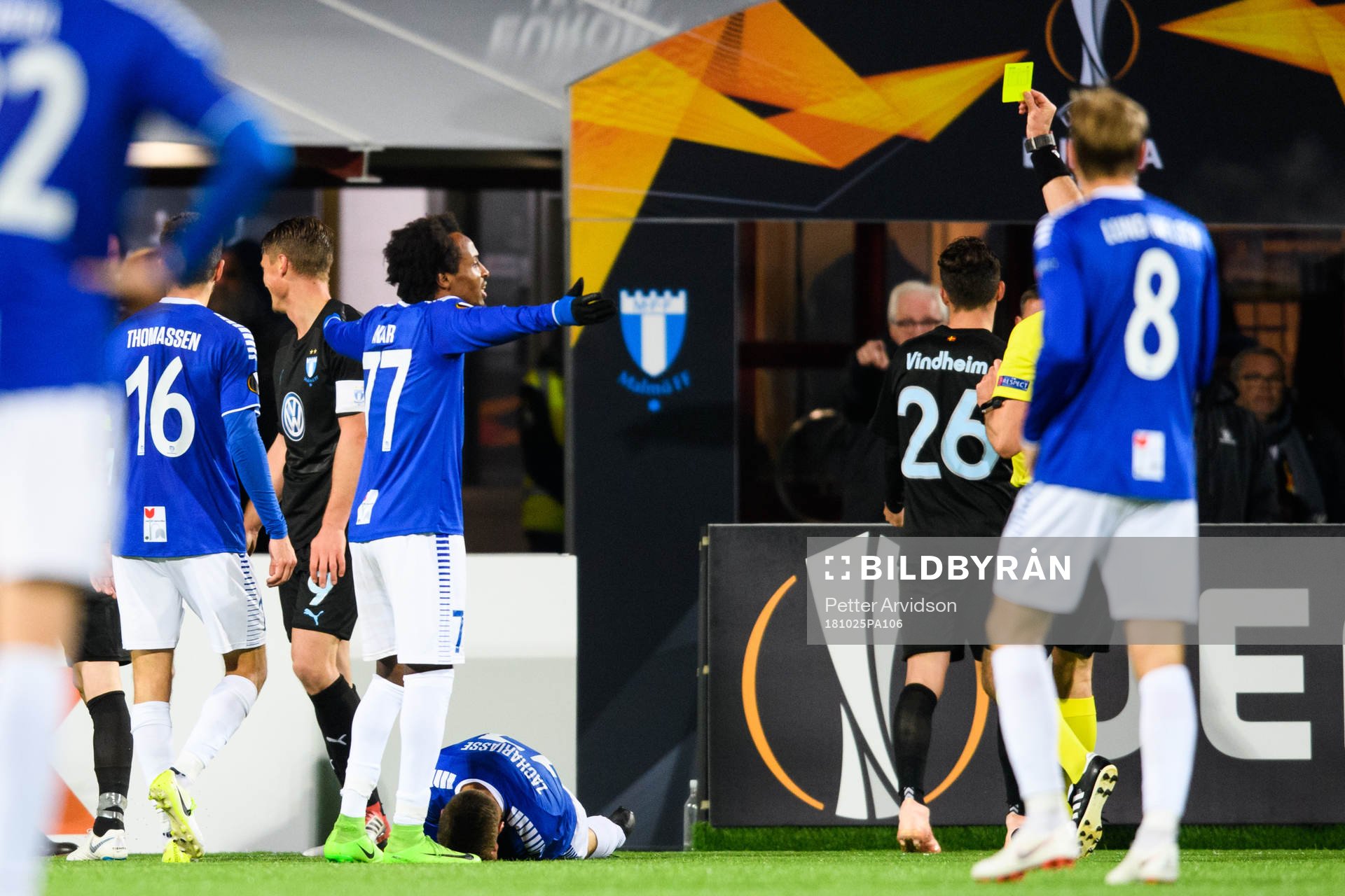 Markus Rosenberg of Malmö FF receives a yellow card