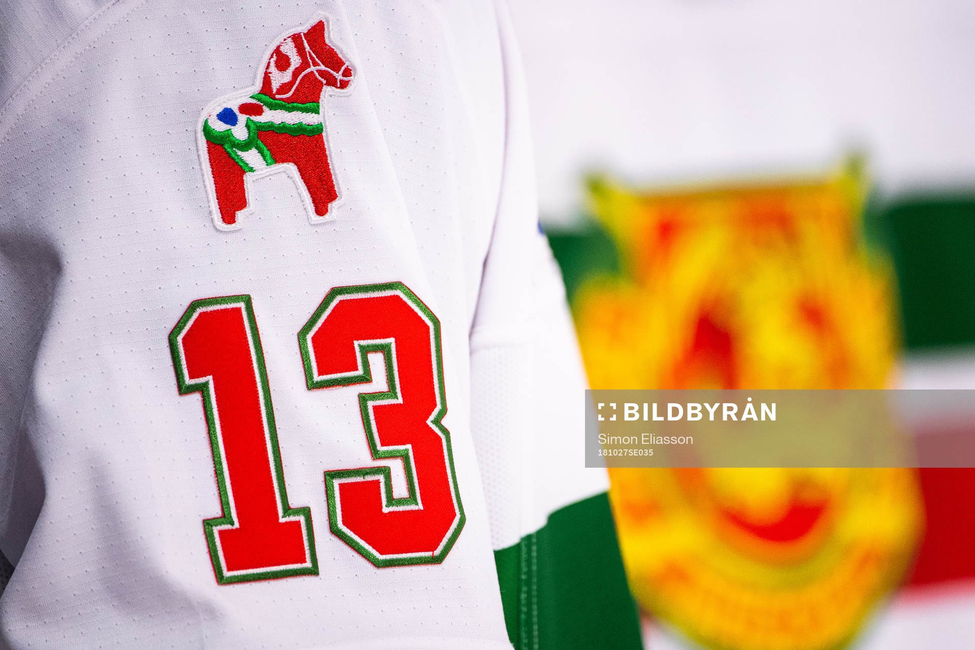 Detaljbild på dalahäst på Moras matchställ