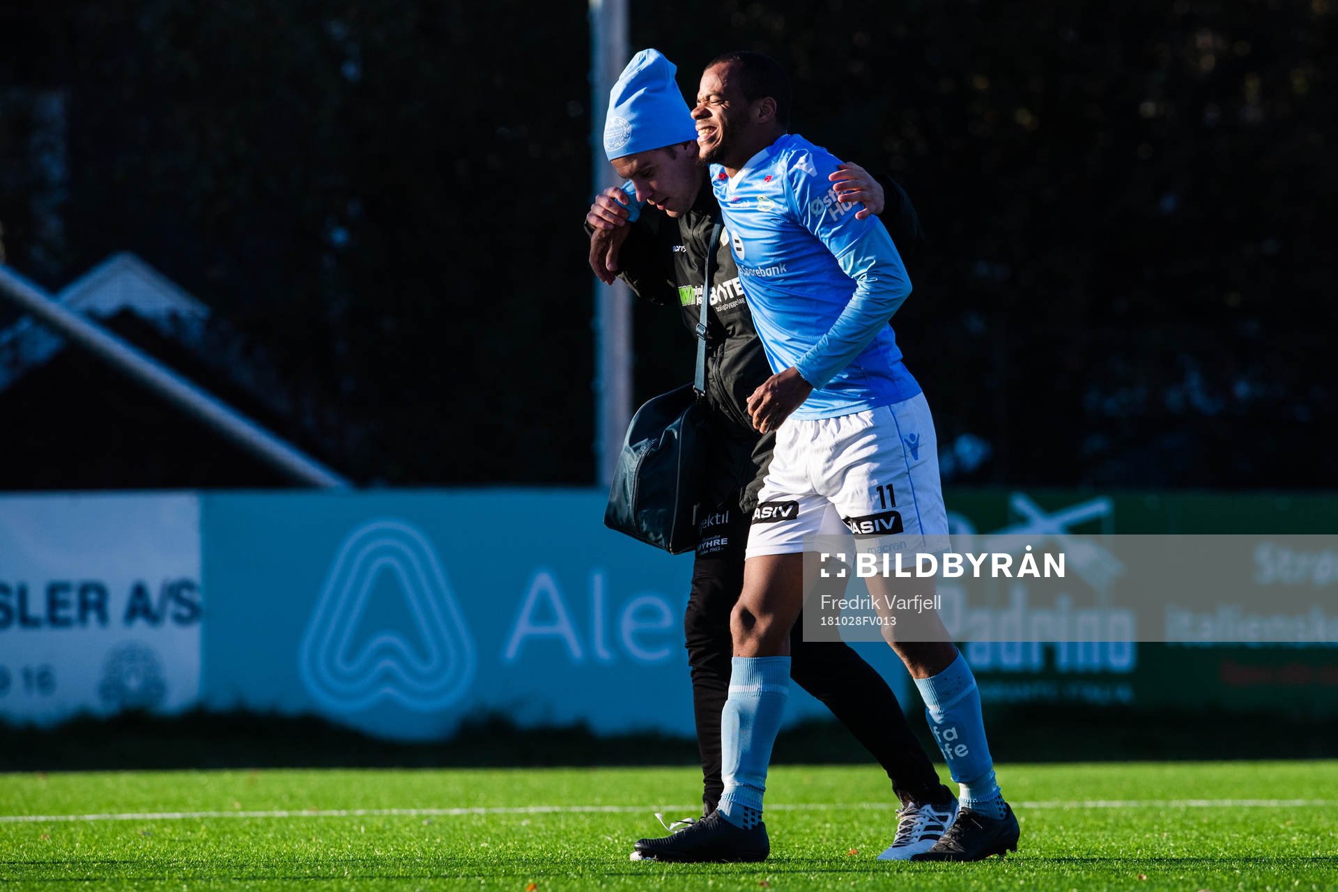 Erixon Danso of Sandnes Ulf leaves the pitch injured