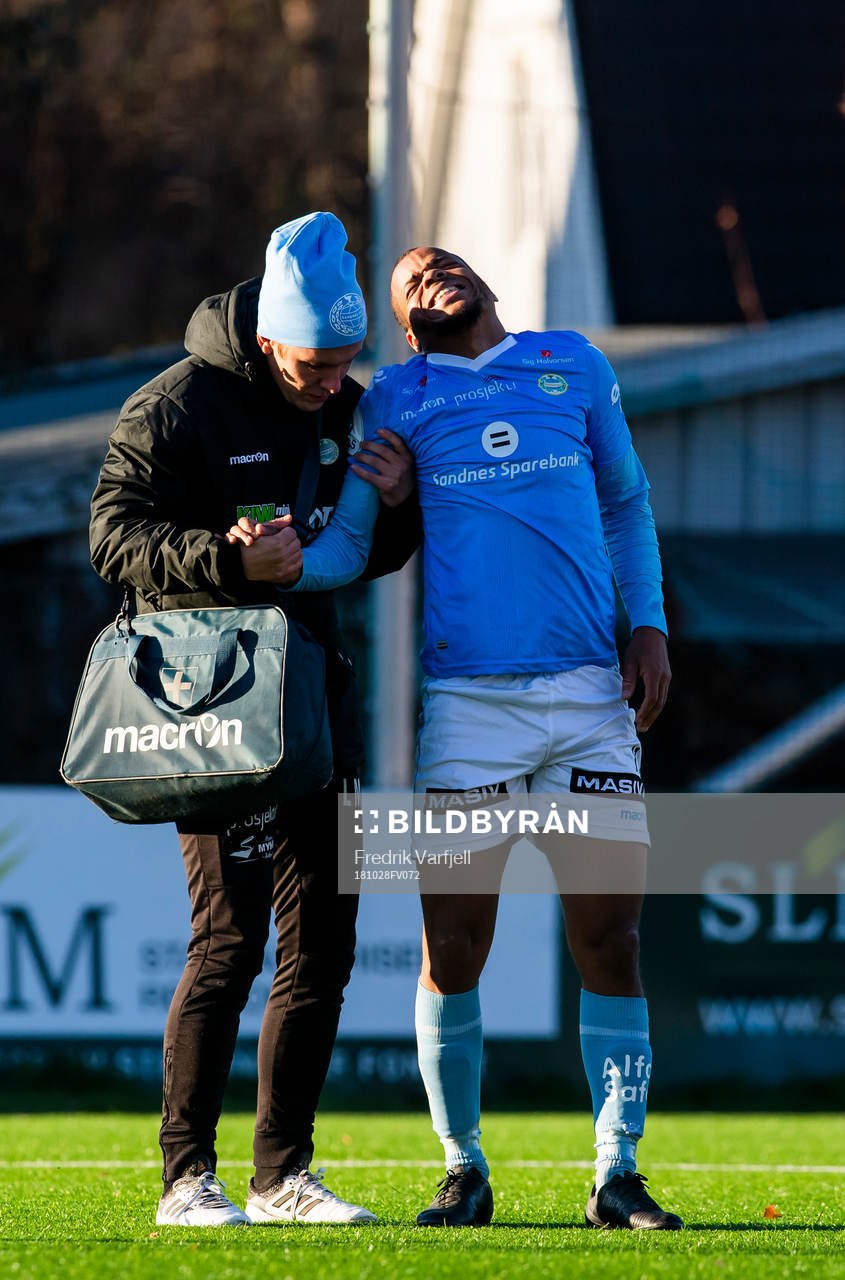 Erixon Danso of Sandnes Ulf reacts with an injury