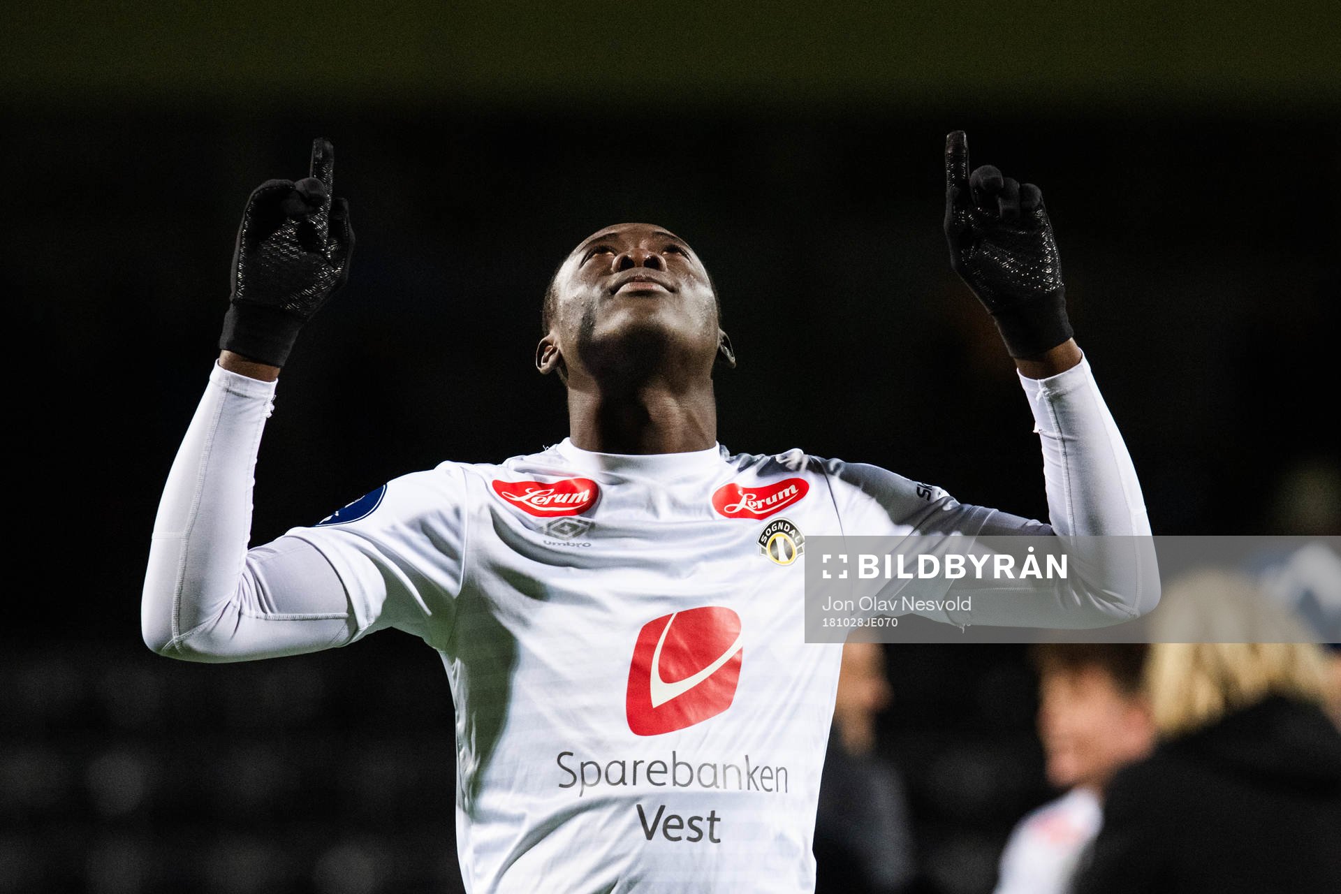 Akor Jerome Adams of Sogndal celebrates after the OBOS-ligaen match between Sogndal and Aalesund on October 28, 2018 in Sogndal.