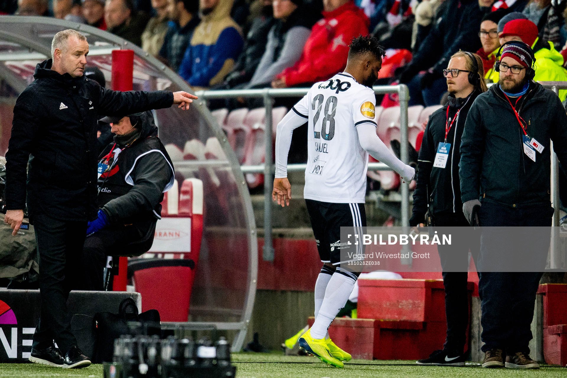 Samuel Adegbenro of Rosenborg walks off the pitch with an