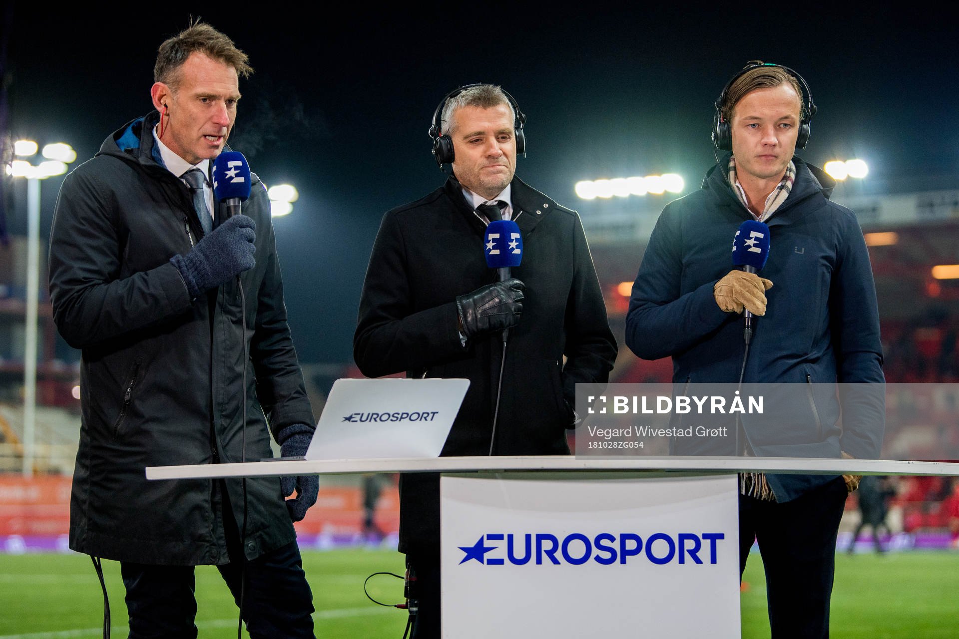 Carsten Skjelbreid, host of Eurosport, Tor Ole Skullerud, TV pundit, and Fredrik Haugen of Brann ahead of the Eliteserien match between Brann and Rosenborg on October 28, 2018 in Bergen.